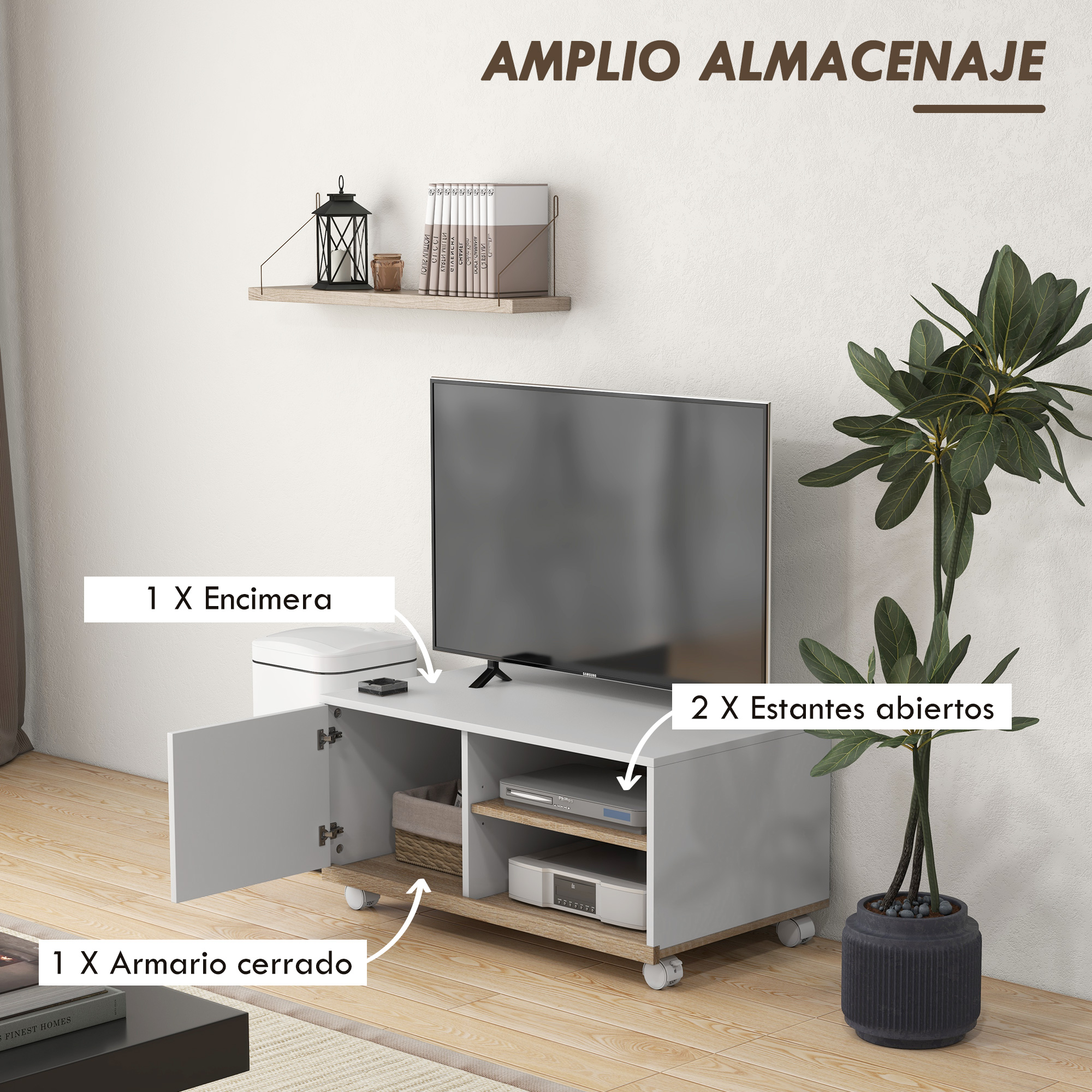 Un mueble de TV blanco moderno con TV, planta y estante. Amplio almacenaje.