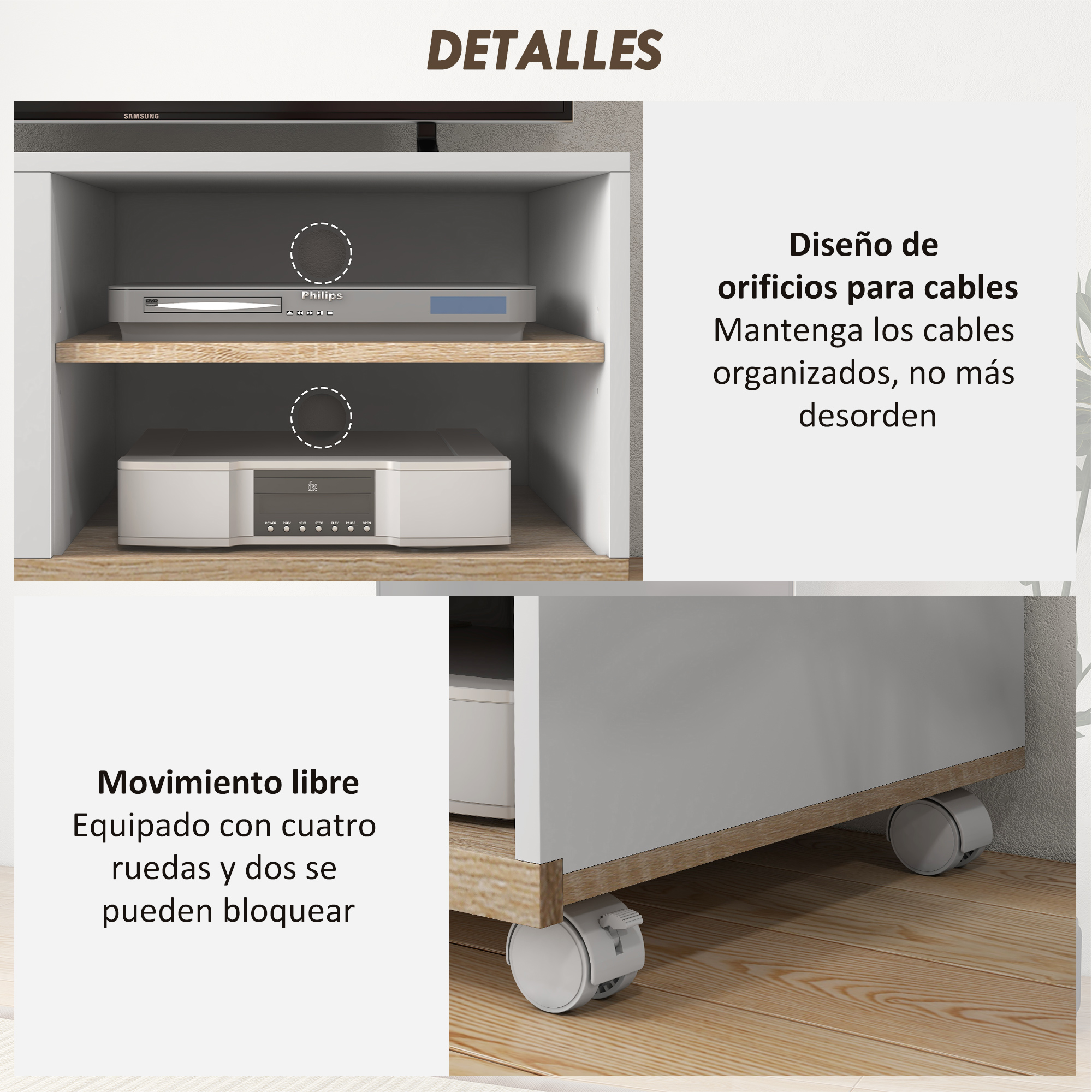 Un mueble blanco con reproductor de DVD y CD, con ruedas en la base.