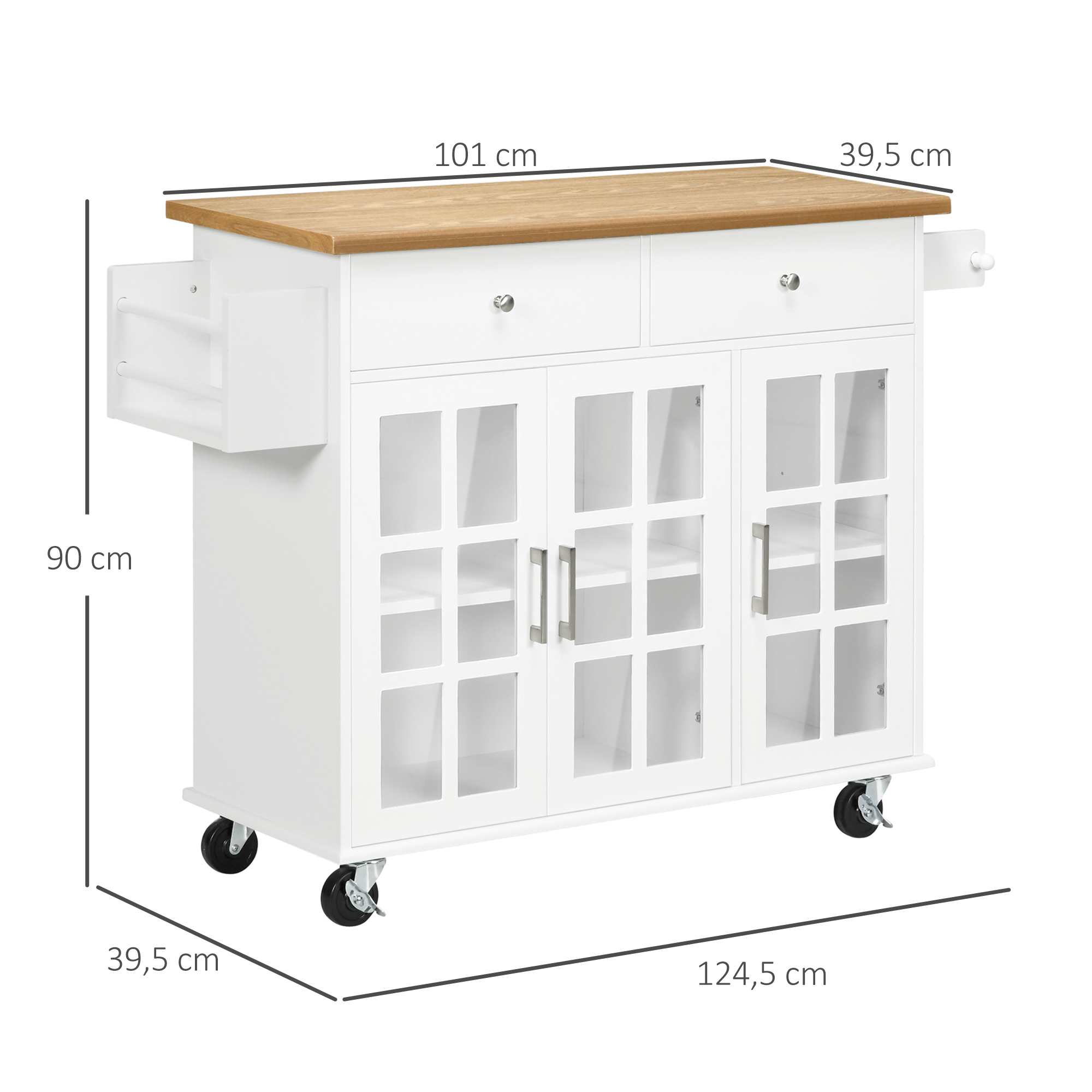 Isla de cocina blanca con tapa de madera, cajones, puertas de cristal y ruedas.