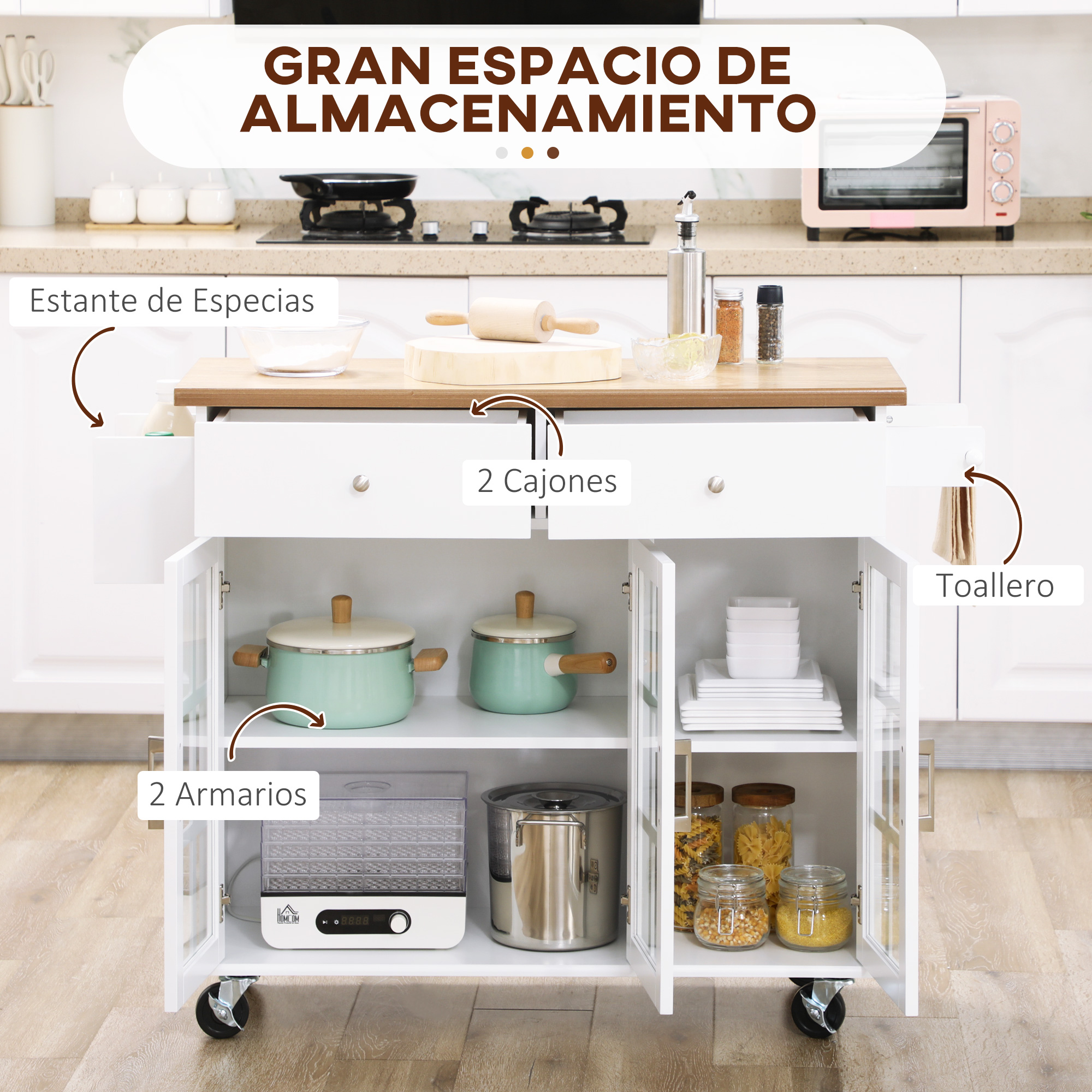 Carro de cocina blanco con utensilios, cajones y armarios.