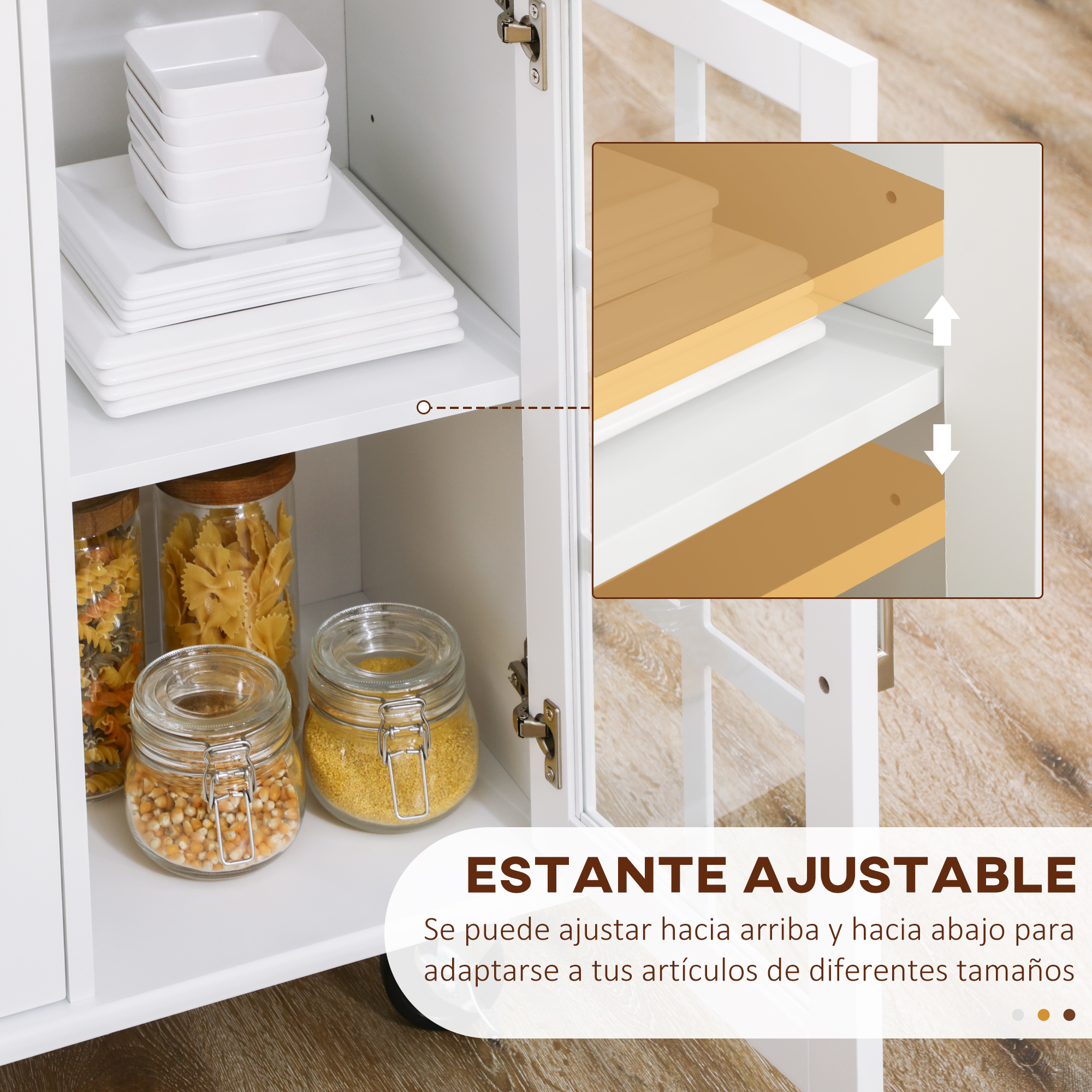 Armario blanco con platos y frascos de pasta. Estantes ajustables. Texto: ESTANTE AJUSTABLE.