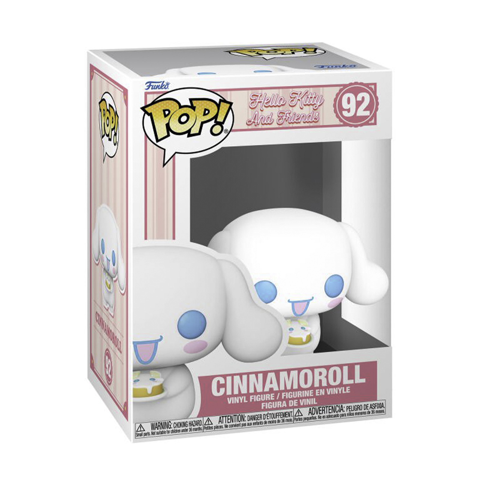 Una figura blanca de Cinnamoroll Funko Pop! dentro de una caja temática de Hello Kitty rosa y blanca.