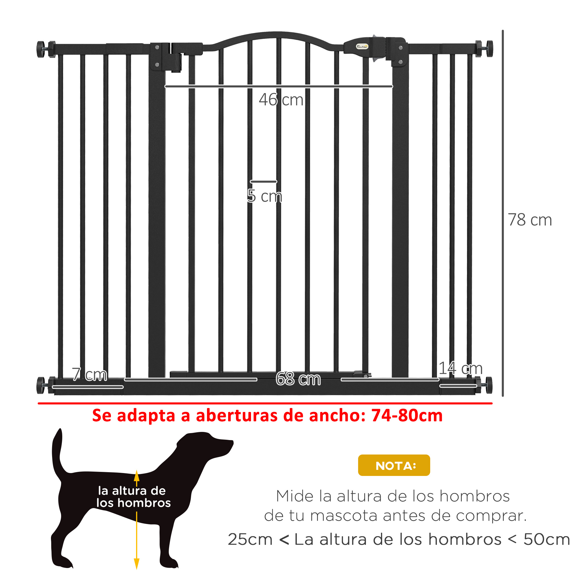 Reja negra para mascotas, 78cm alto, para anchos de 74-80cm. Medidas indicadas.