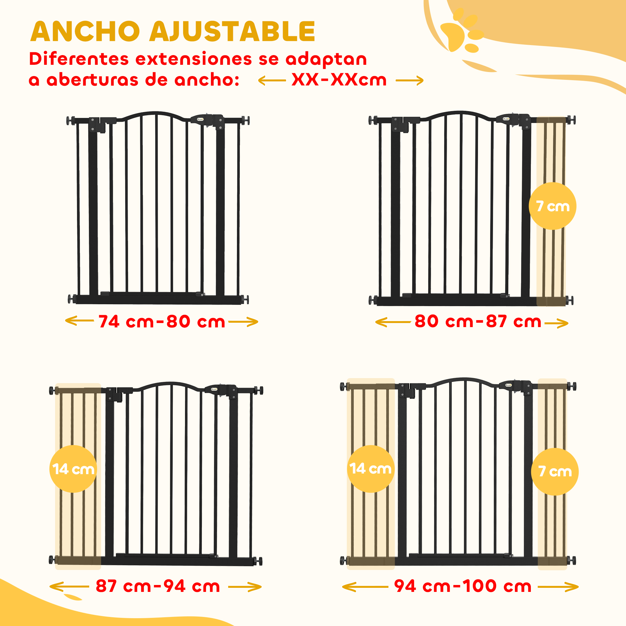 Barrera ajustable para bebés con extensiones para anchos variados.