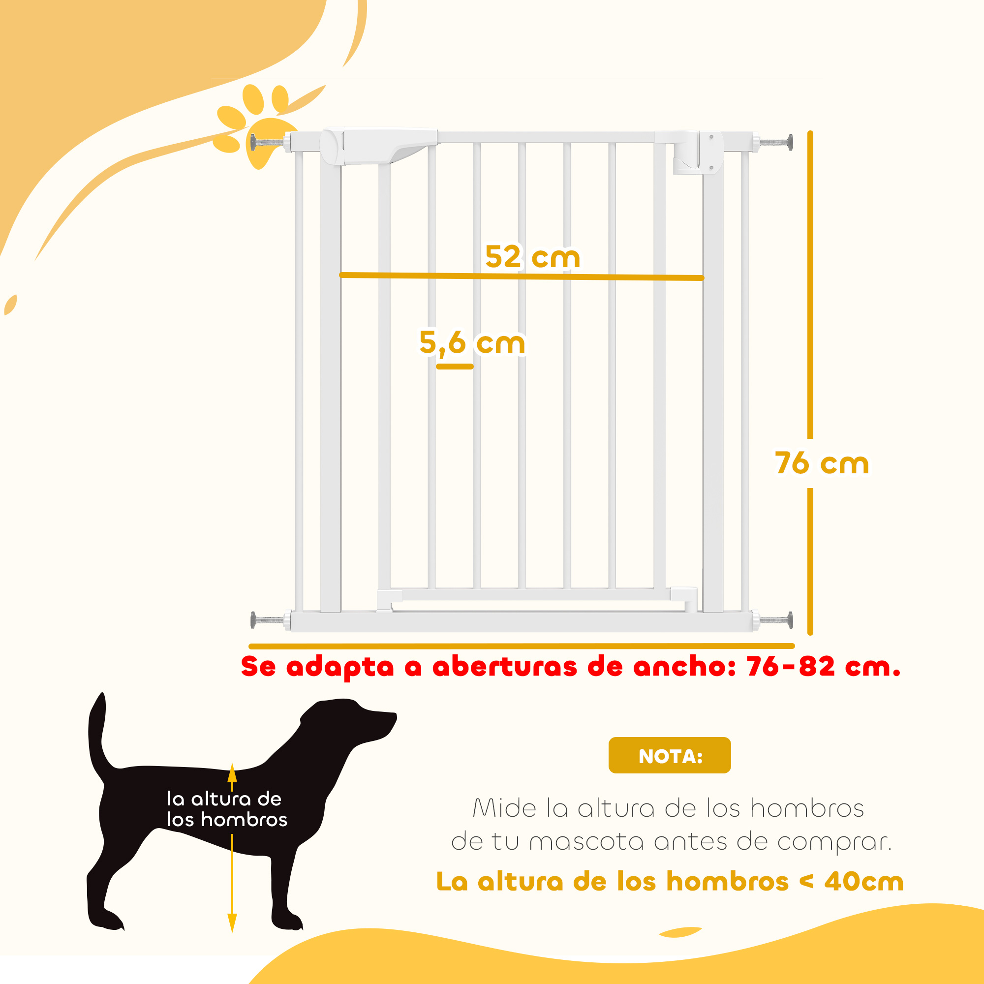 Una puerta de seguridad blanca para mascotas con medidas.