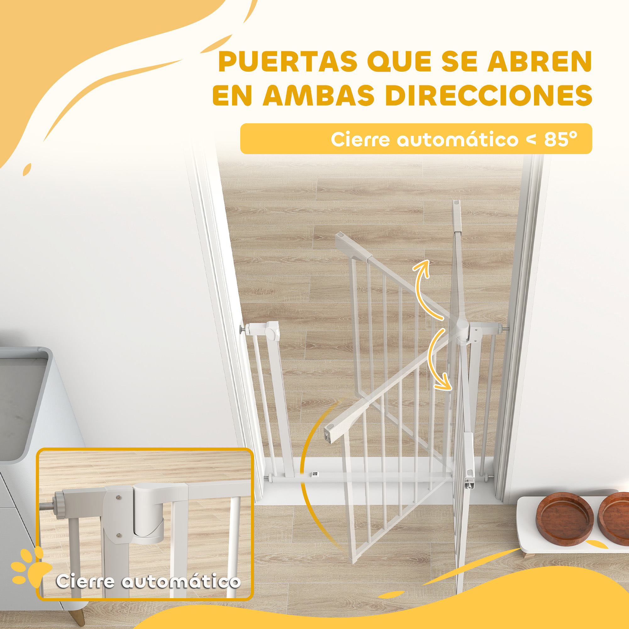Una barrera de seguridad blanca se abre en ambas direcciones, con cierre automático.