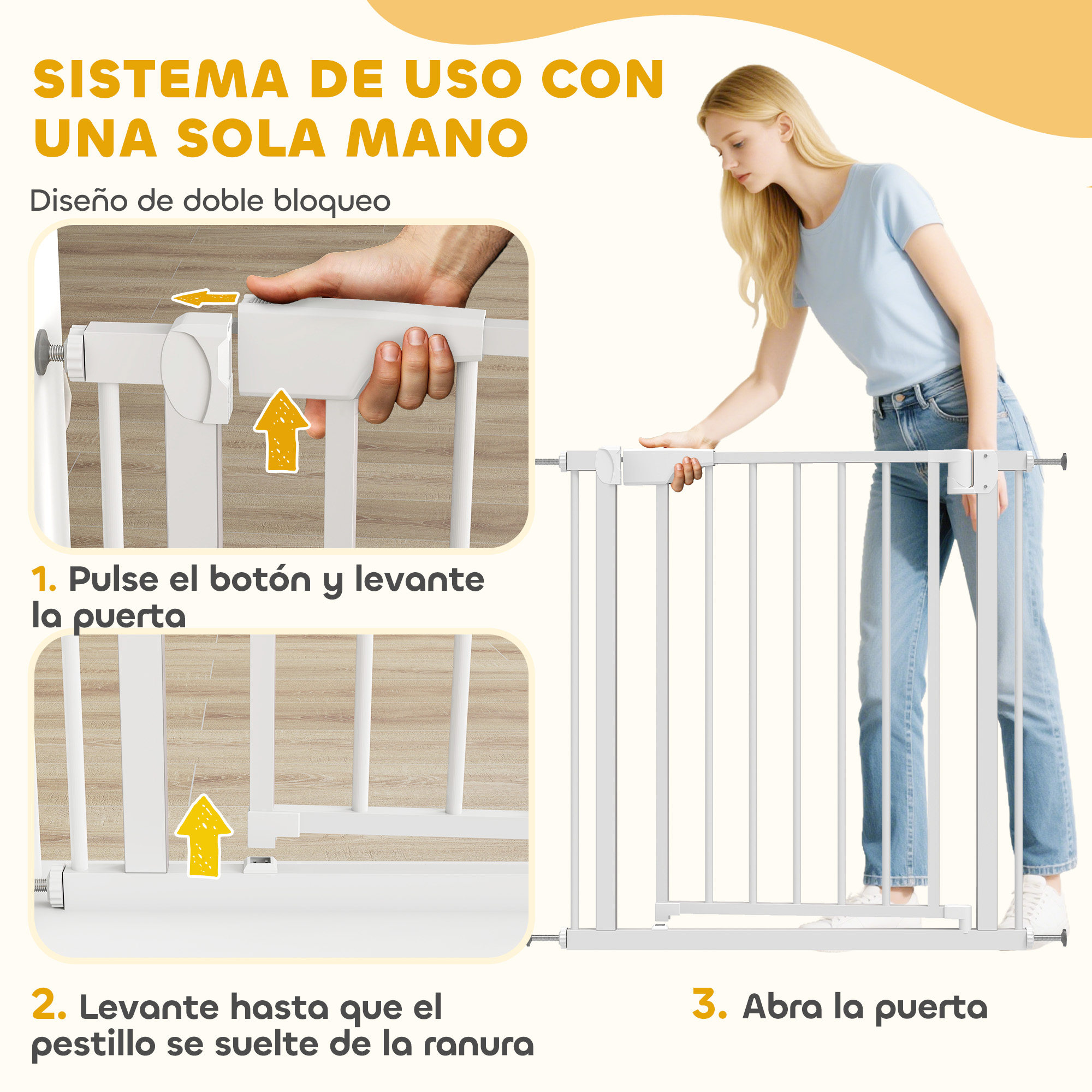 Una mujer opera un portillo blanco para bebé con una mano.