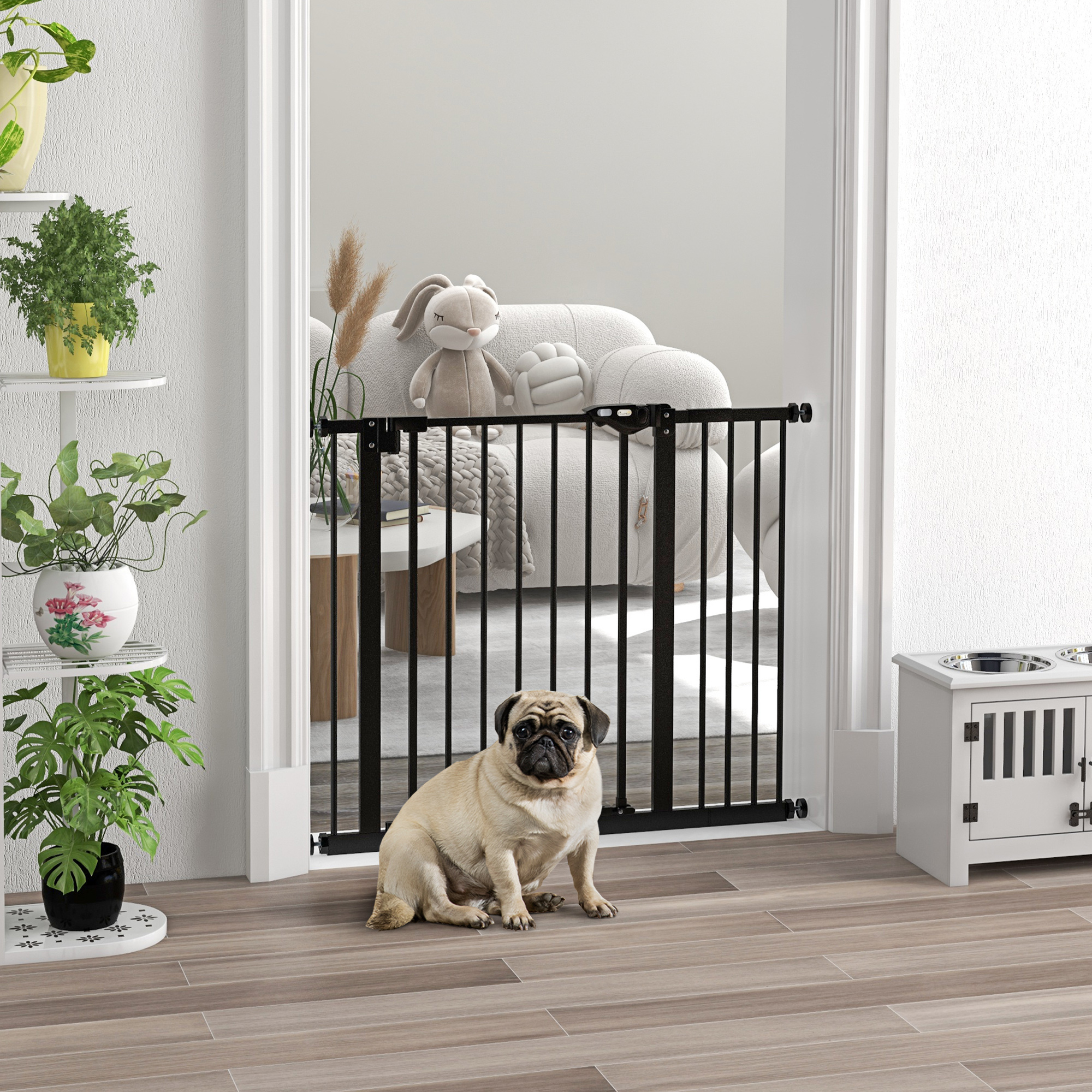 Un pug se sienta frente a una barrera para bebés negra en un pasillo. Hay plantas a la izquierda.