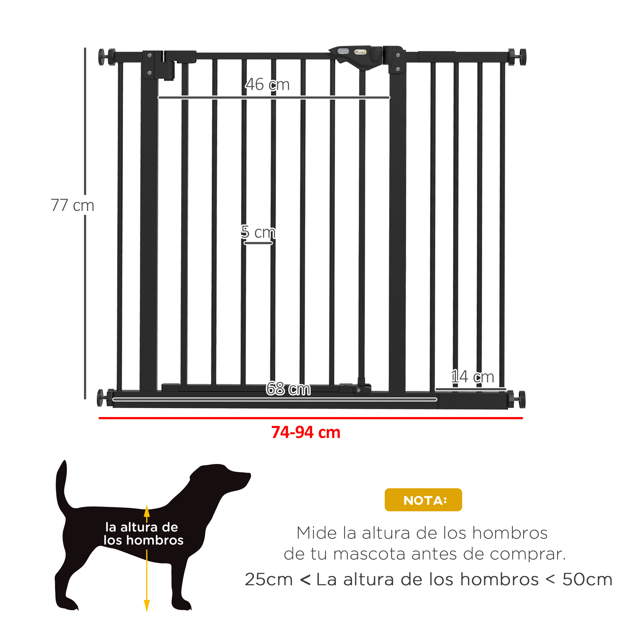 Barrera negra para mascotas: 77cm alto, 74-94cm ancho. Nota sobre altura de hombros.