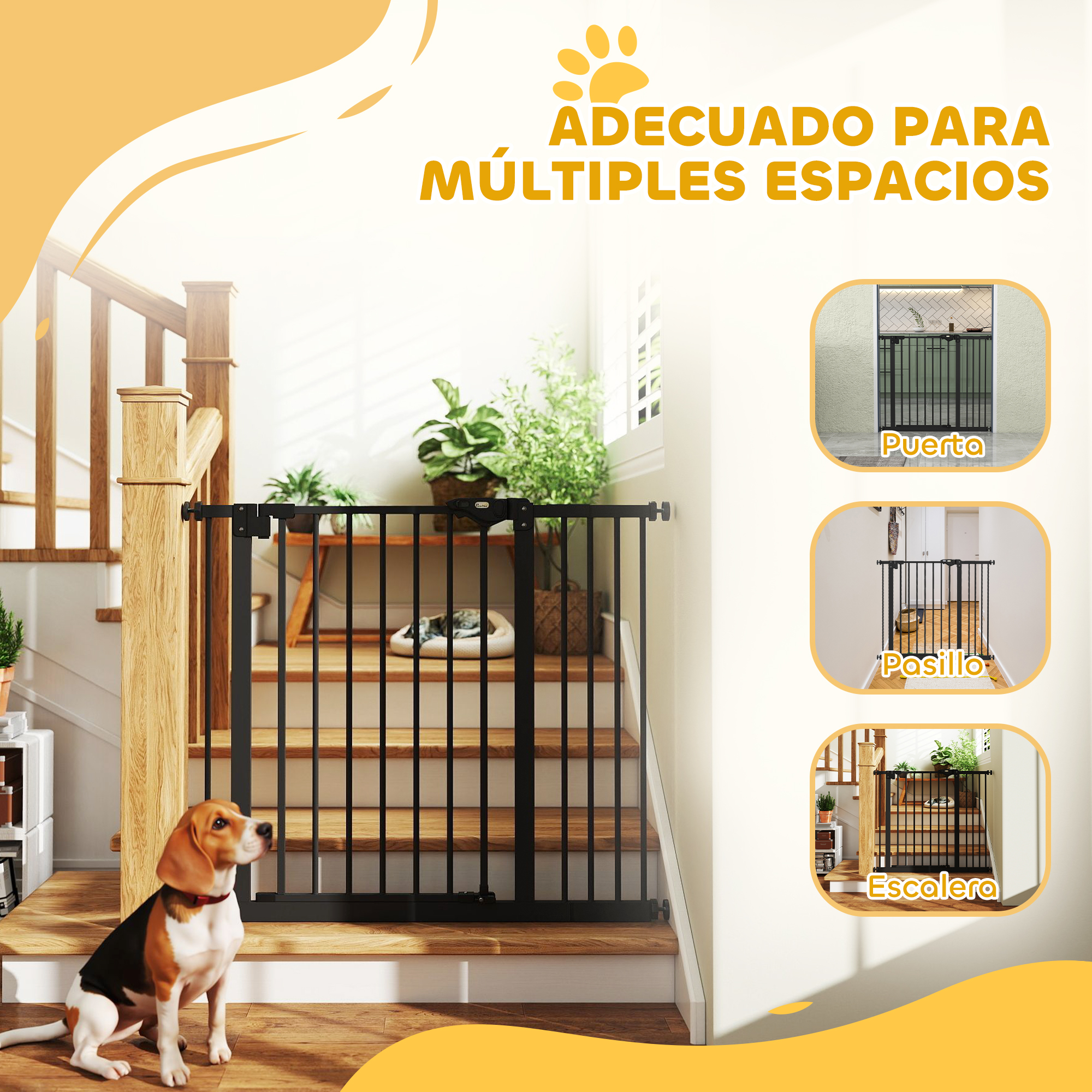 Un beagle se sienta ante una barrera negra para escaleras, con escaleras al lado.