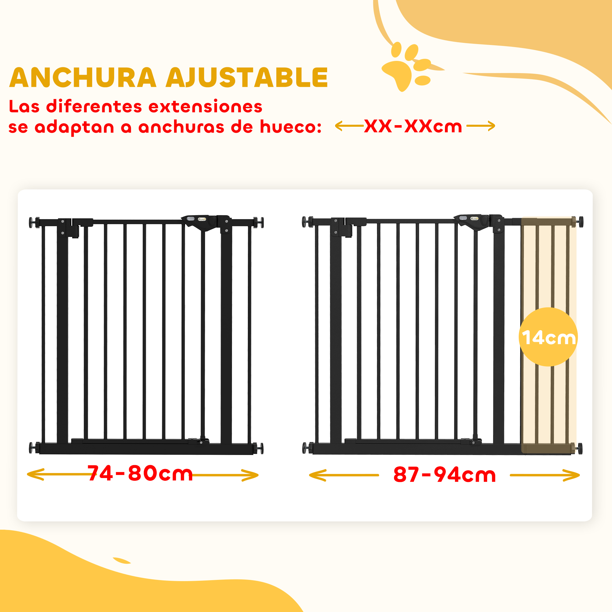 Dos barreras negras. Una para 74-80cm, la otra para 87-94cm.