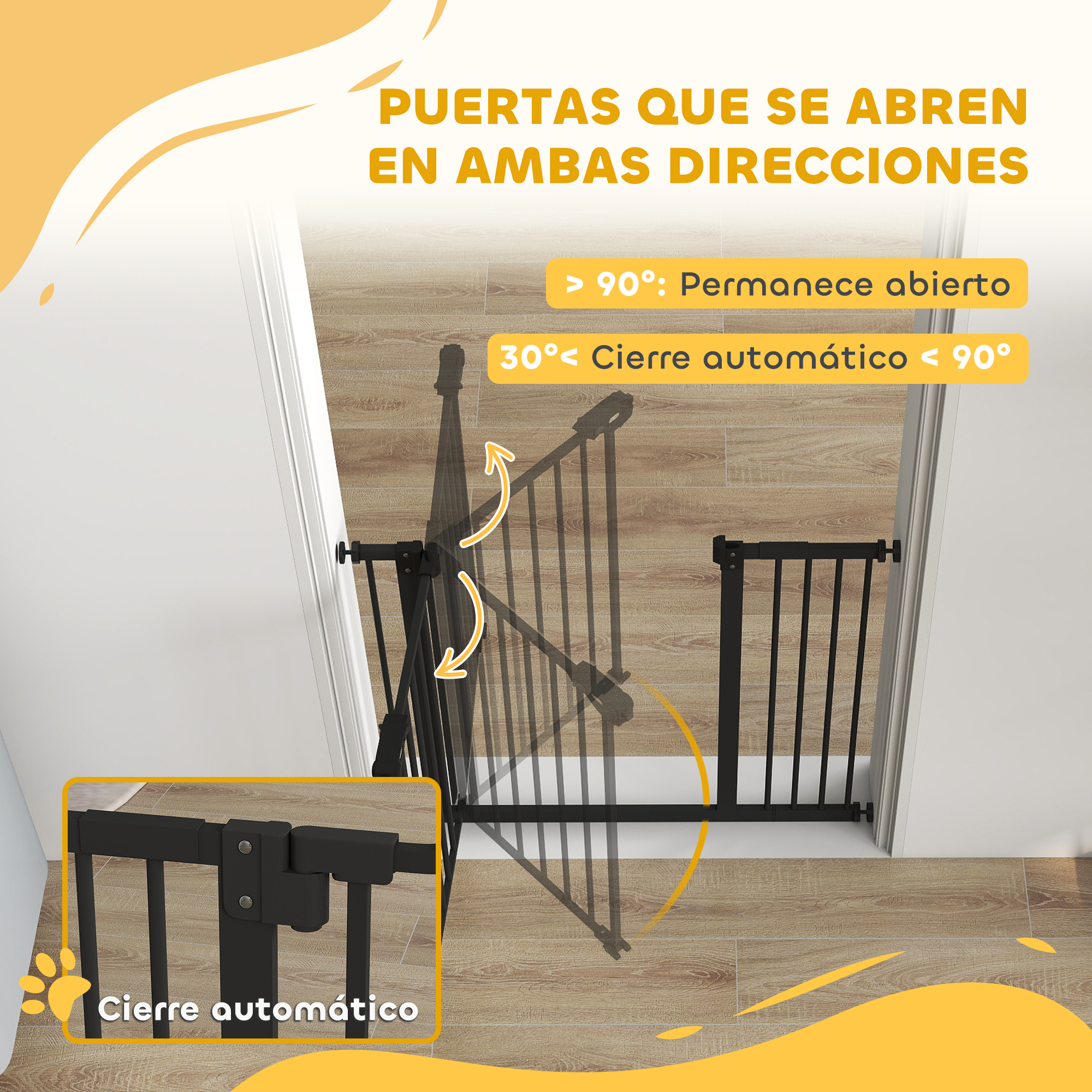Puerta negra para bebés se abre en ambas direcciones con cierre automático.