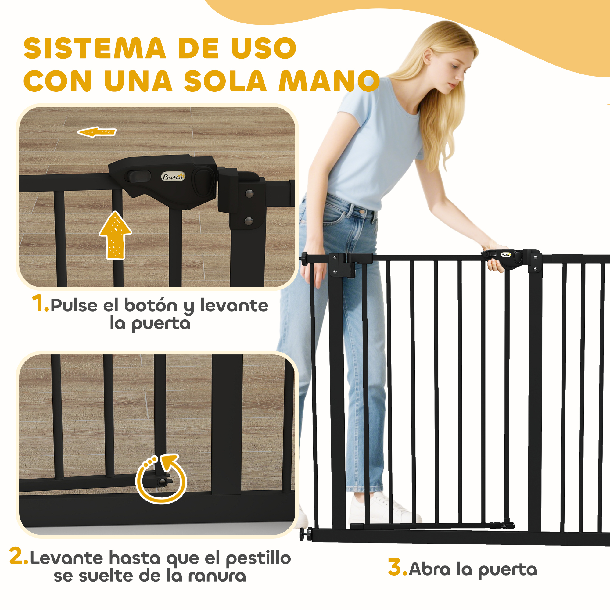 Instrucciones: Uso de puerta con una mano. Pulse, levante, abra.
