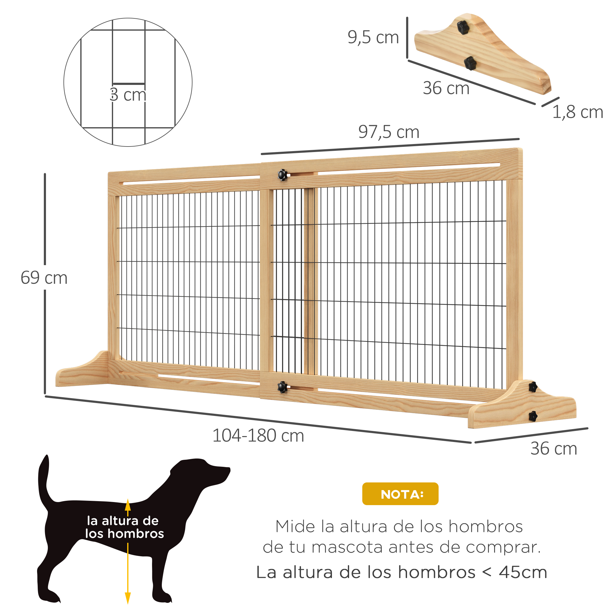 Barrera de madera para mascotas: 69cm alto, 104-180cm ancho. Detalle: 3cm.