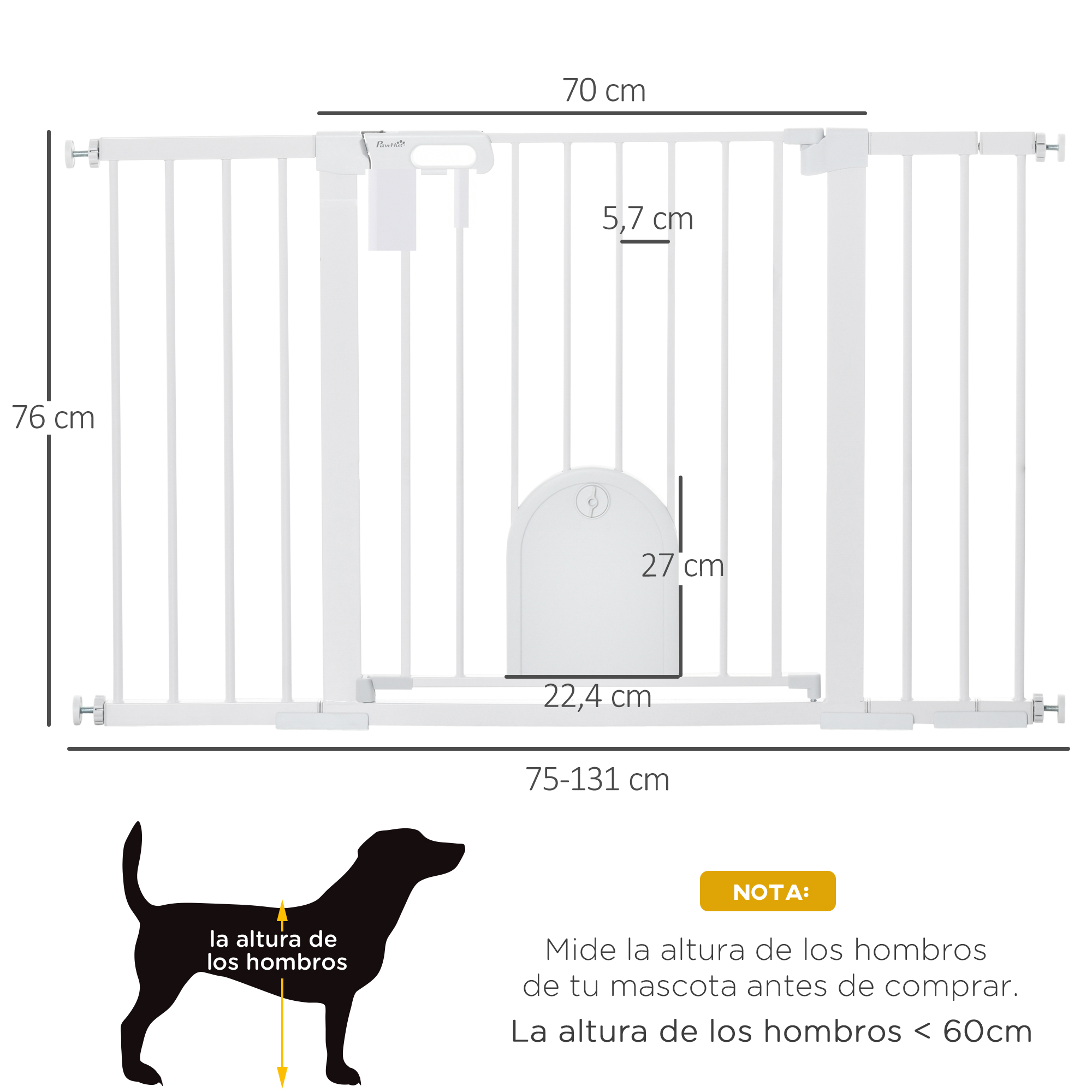 Barrera blanca para mascotas con dimensiones y silueta de perro.