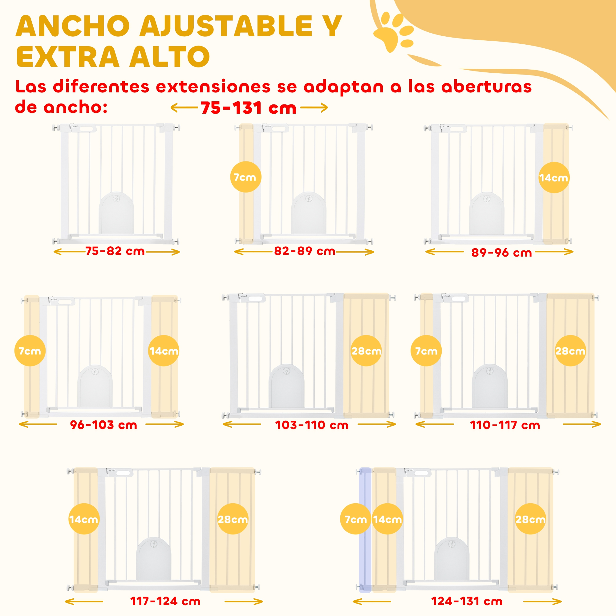 Barrera para bebés ajustable y extra alta, con extensiones de varios anchos.