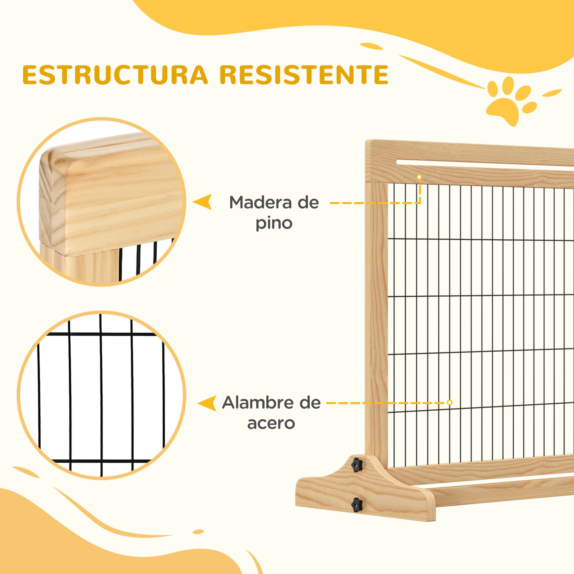 Marco de madera con valla de rejilla metálica, primeros planos.