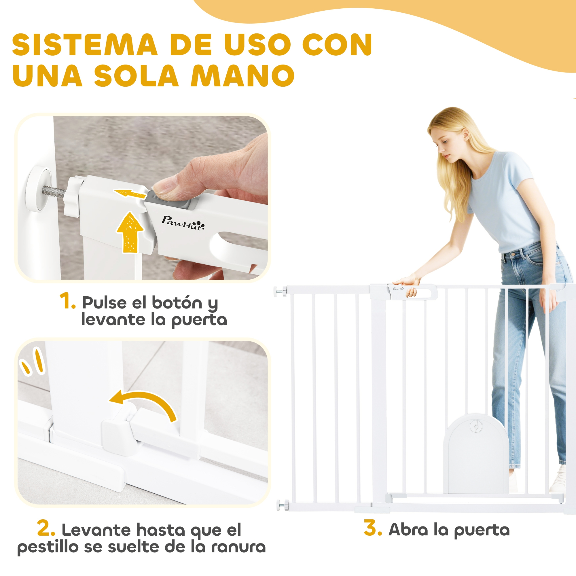 Operación de puerta con una mano: presione botón, levante puerta, abra.