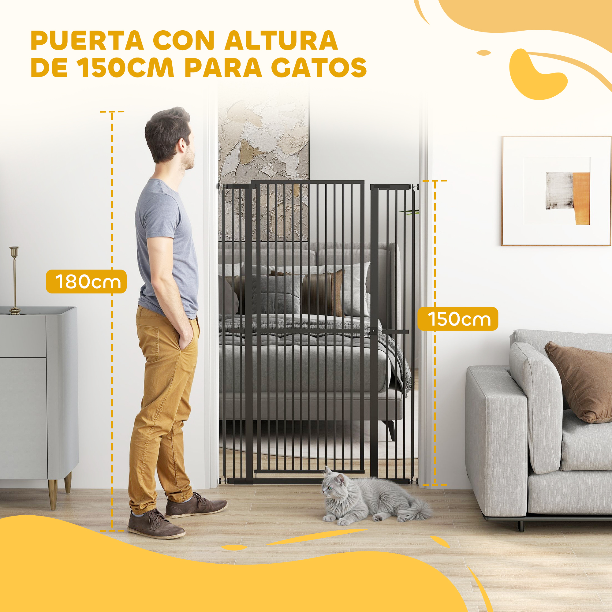 Un hombre junto a una puerta de 150cm, un gato delante.