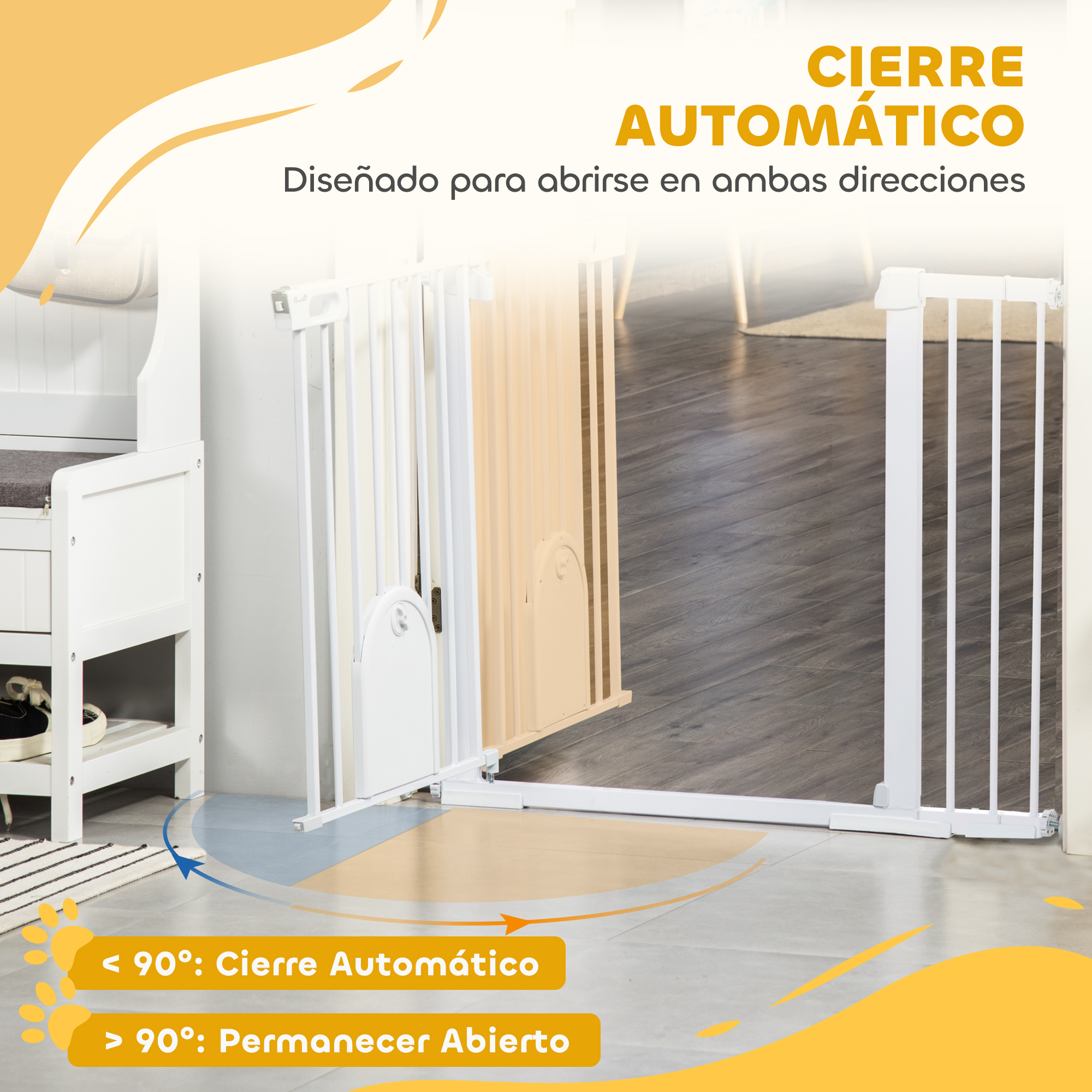 Una barrera blanca para bebés con cierre automático sobre suelo de madera.