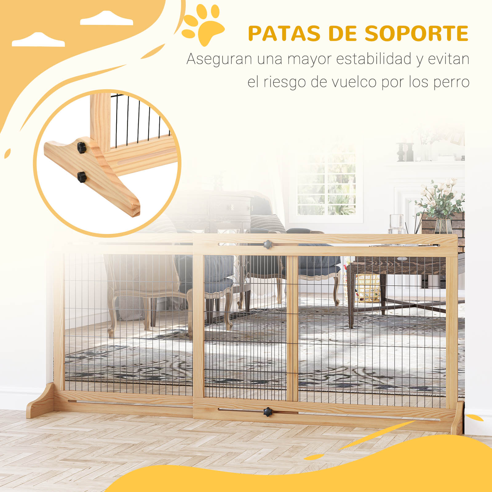 Una puerta de madera para perros con malla de alambre en una sala.