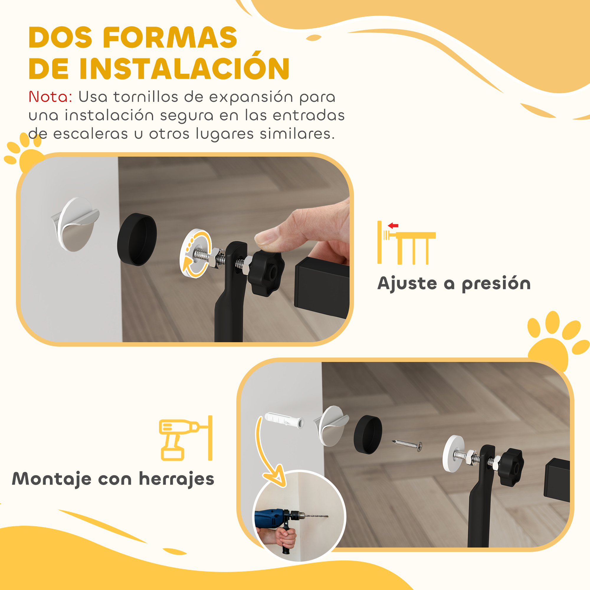 Ilustración muestra dos métodos de instalación: a presión y con herrajes.