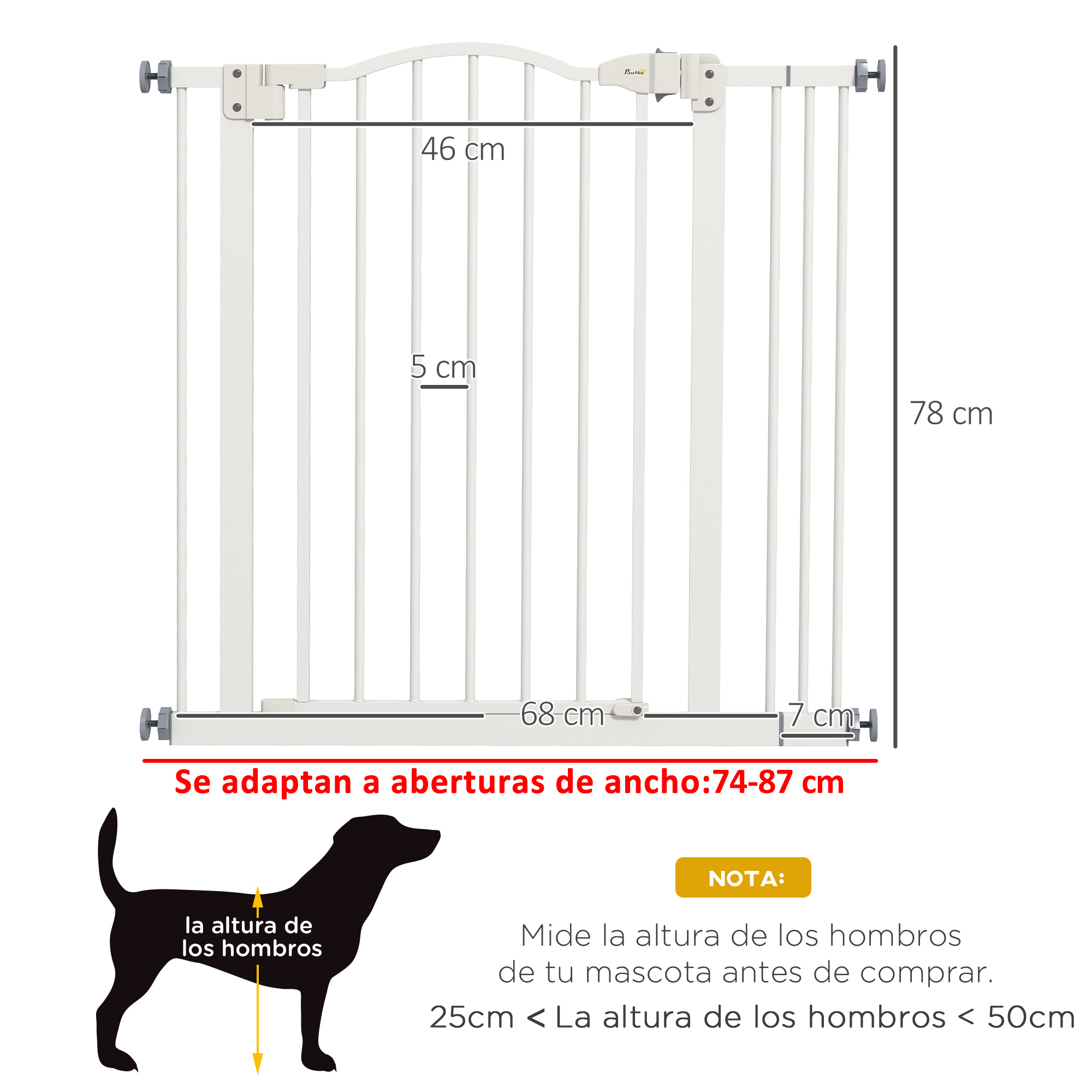 Una barrera blanca para bebés con medidas de ancho y alto.