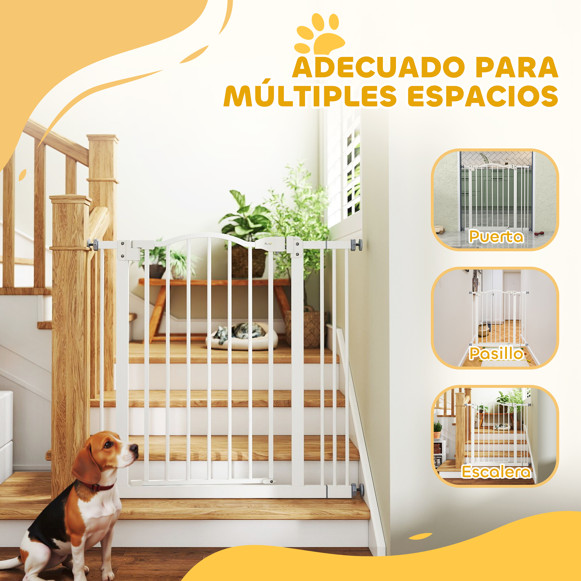 Un beagle sentado en el suelo frente a una escalera con puerta blanca.