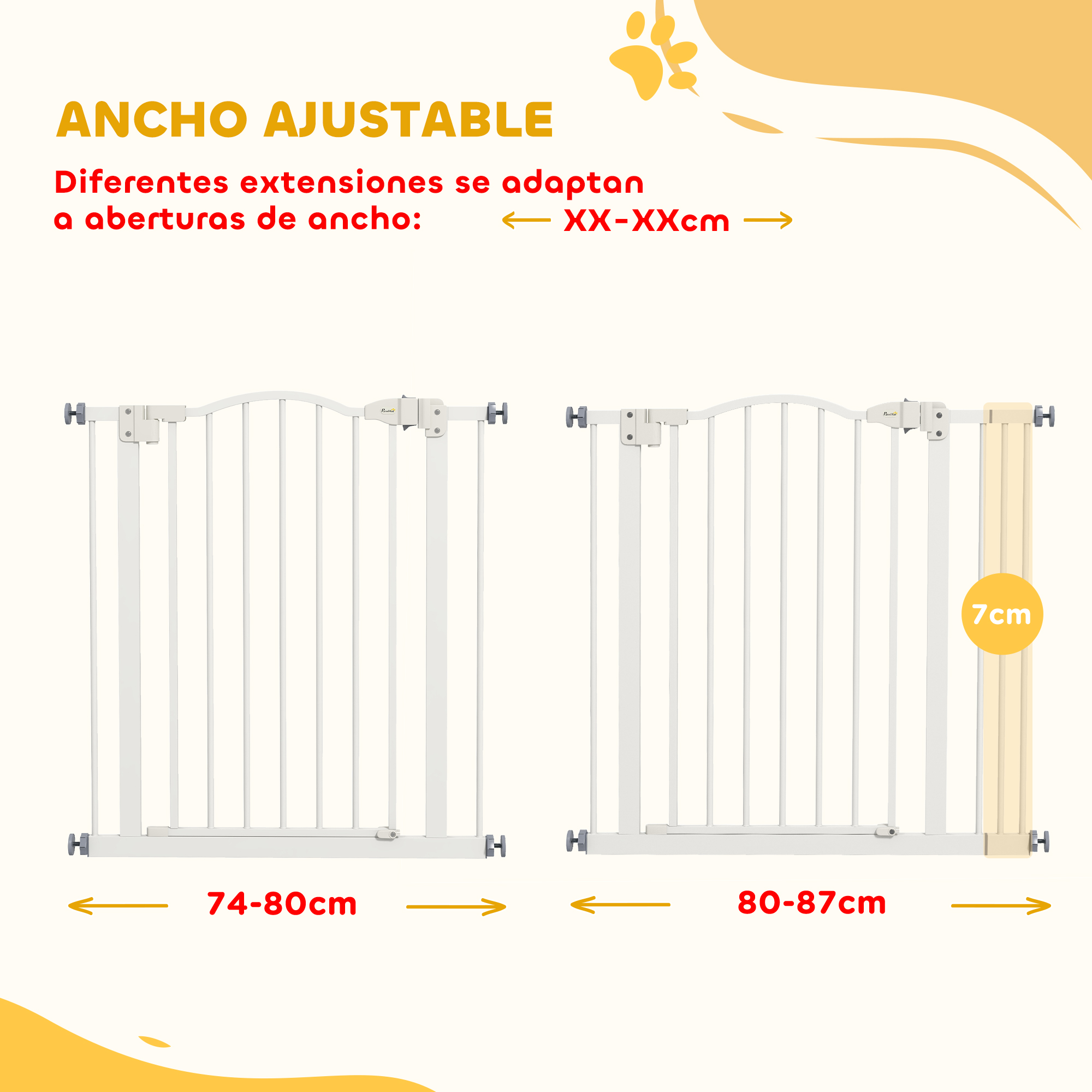 Barrera ajustable para bebés en dos anchos: 74-80cm y 80-87cm.