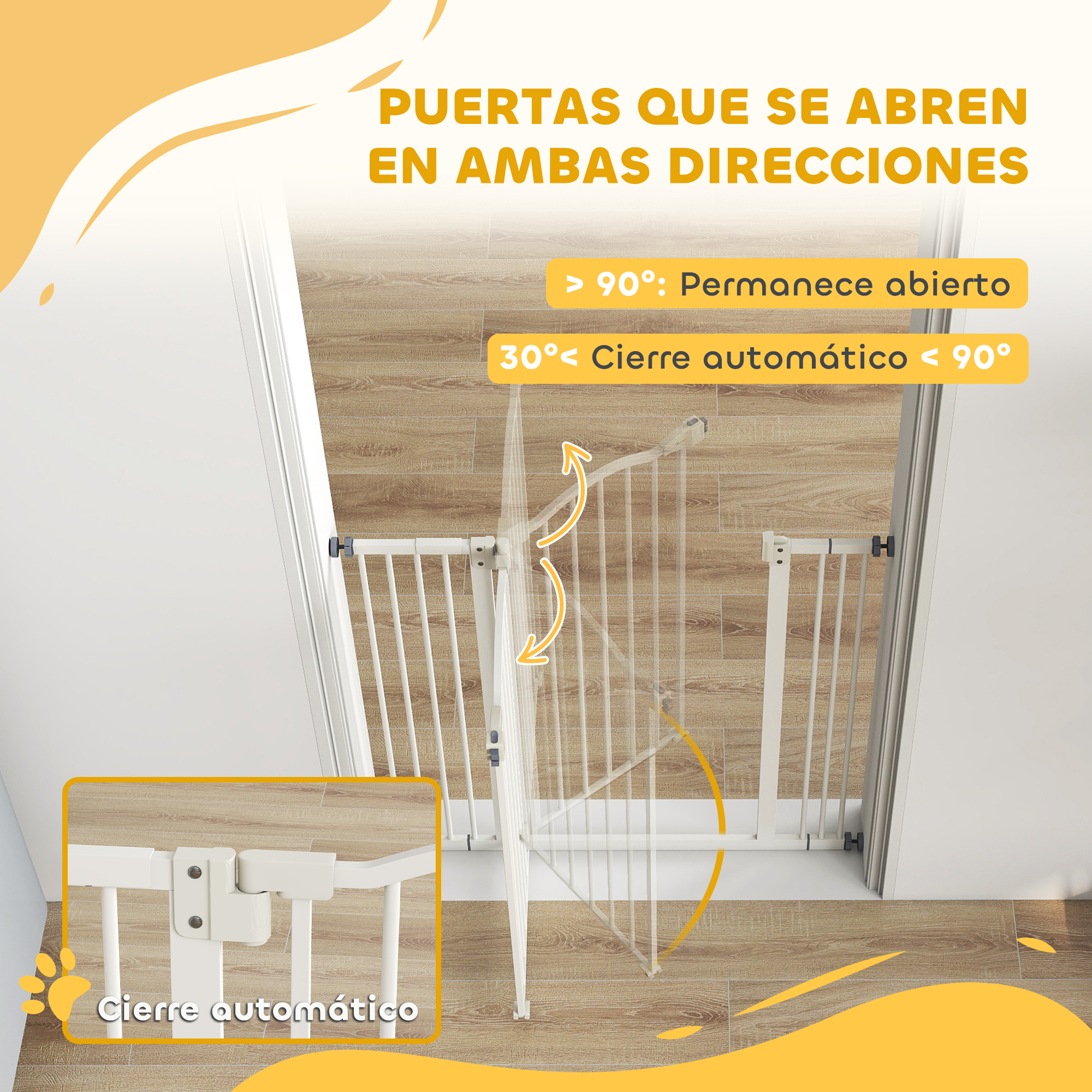 Una barrera blanca para bebés se abre en ambas direcciones y se cierra automáticamente.