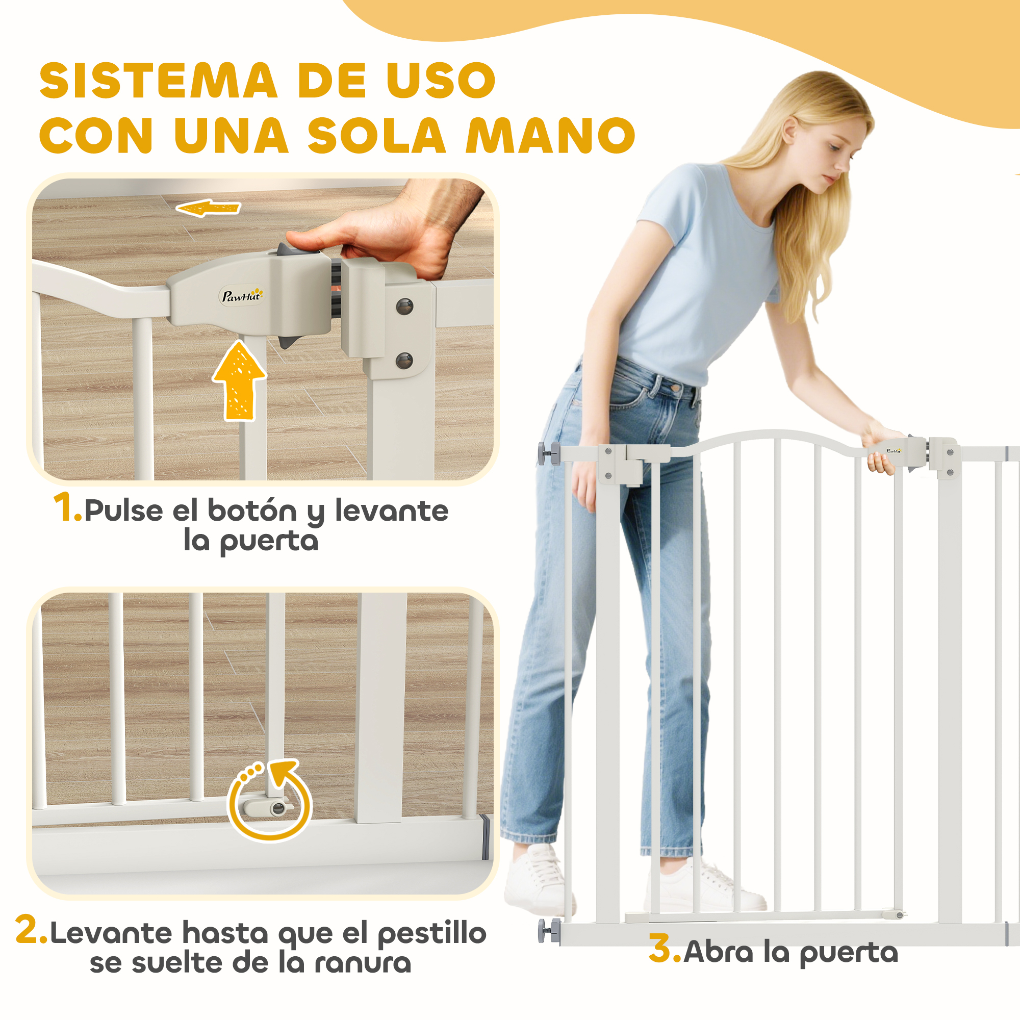 Una mujer abre una barrera blanca presionando un botón y levantando.