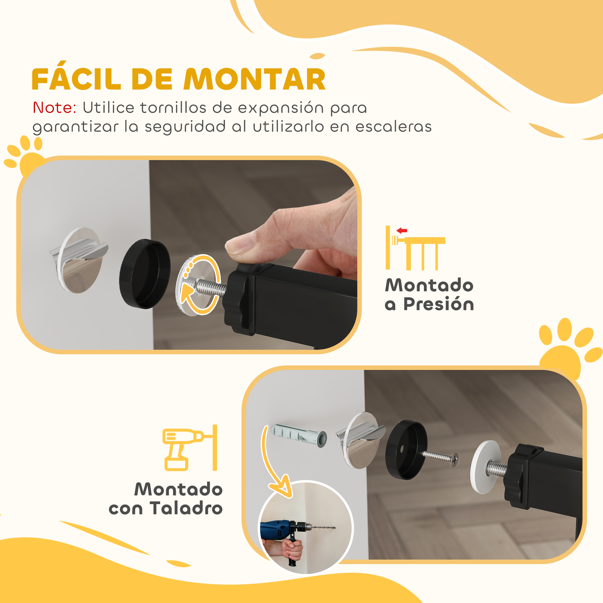 Instrucciones para montaje a presión y con taladro de barandilla negra con tornillos.