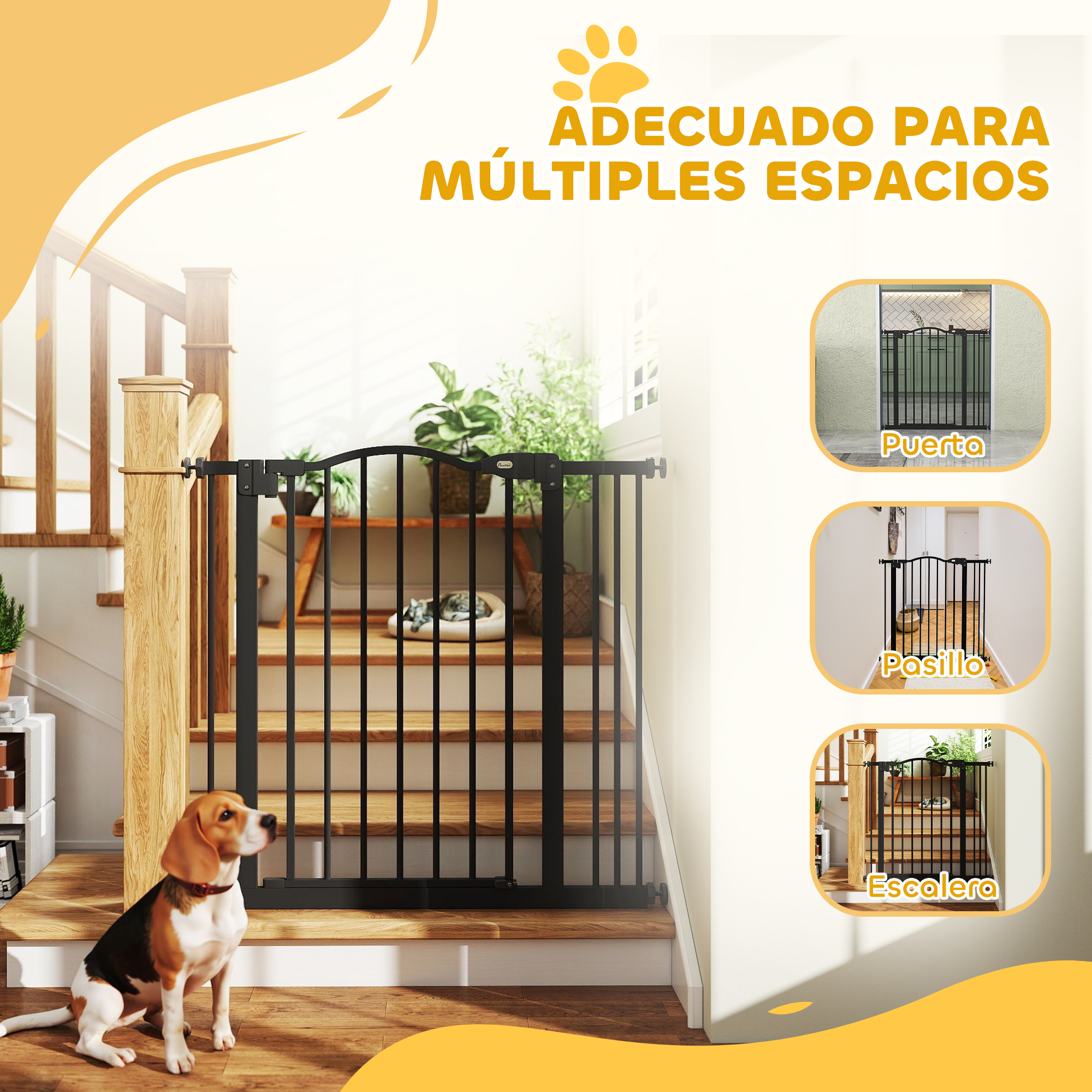Un perro se sienta ante una barrera en la escalera. Múltiples escenas muestran barreras en puertas y pasillos.