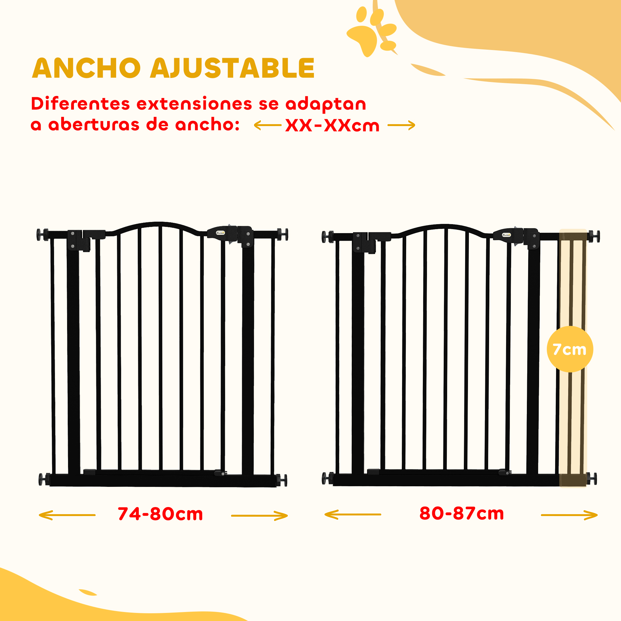 Dos portones de seguridad negros ajustables, uno para 74-80cm, el otro para 80-87cm.