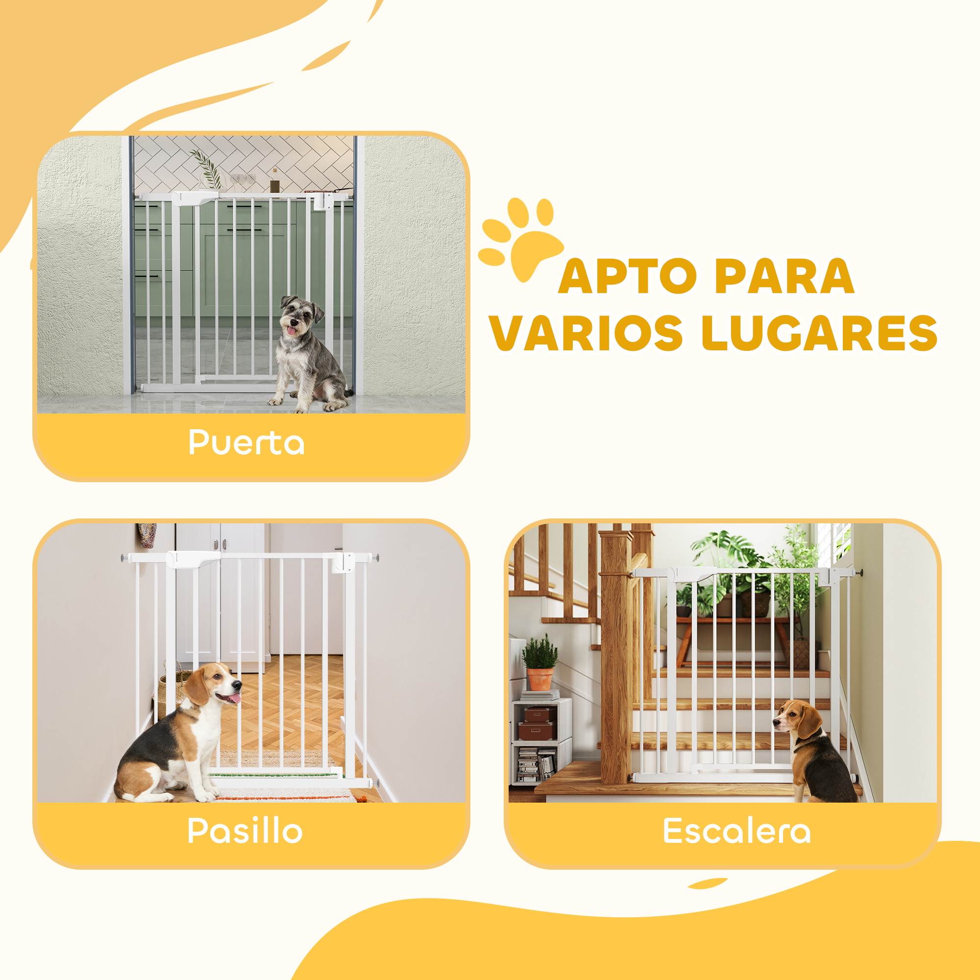 Un perro se sienta ante una barrera blanca en un pasillo, otro perro junto a una escalera.