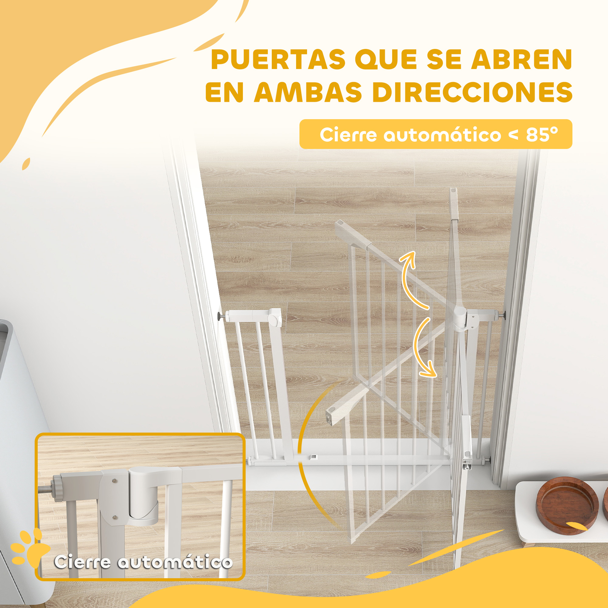 Una puerta de seguridad blanca se abre en ambas direcciones, con cierre automático.