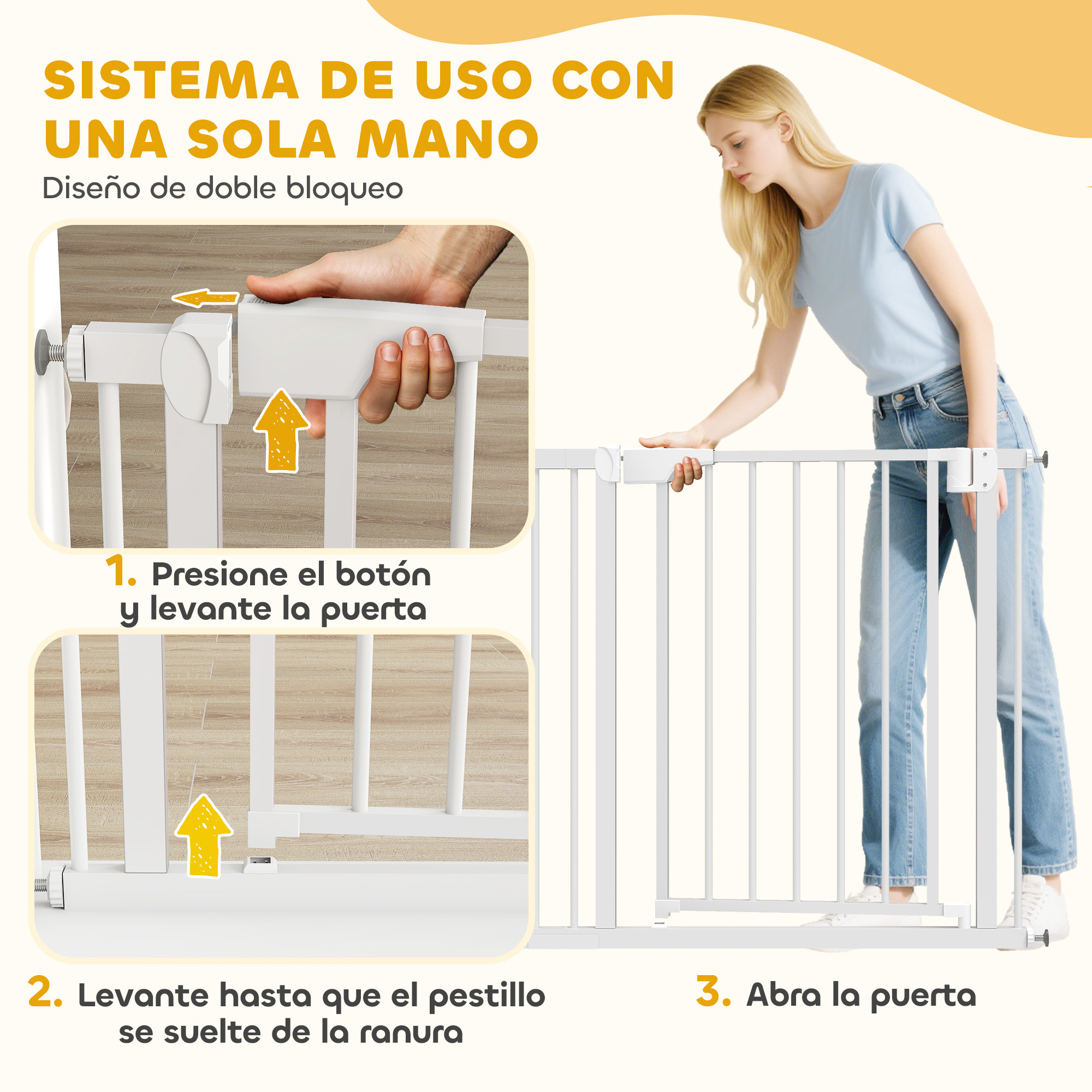 Una mujer abre una barrera de seguridad blanca al presionar un botón y levantar la puerta.