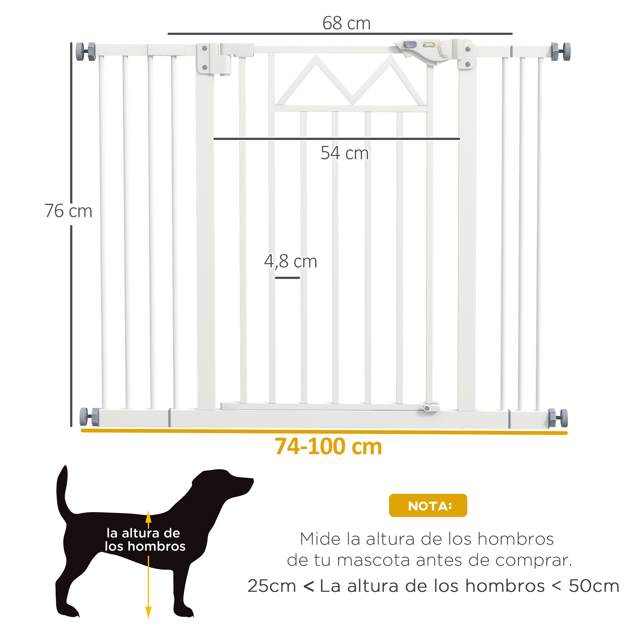 Puerta blanca para mascotas con medidas: 76cm alto, 68-100cm ancho, 4,8cm entre barrotes.