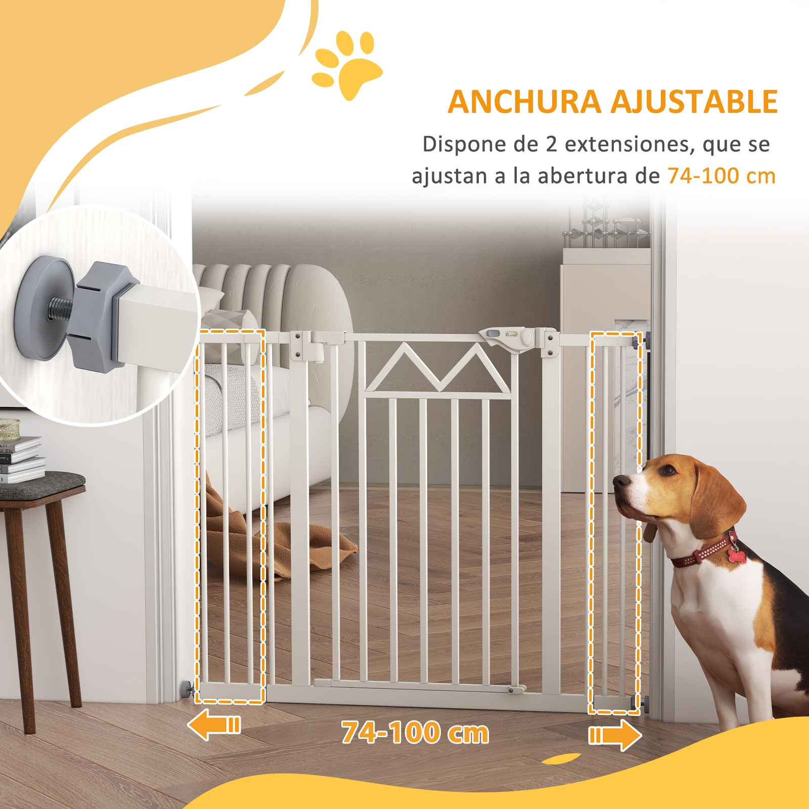 Una barrera blanca para mascotas, ancho ajustable 74-100 cm, junto a un perro beagle.