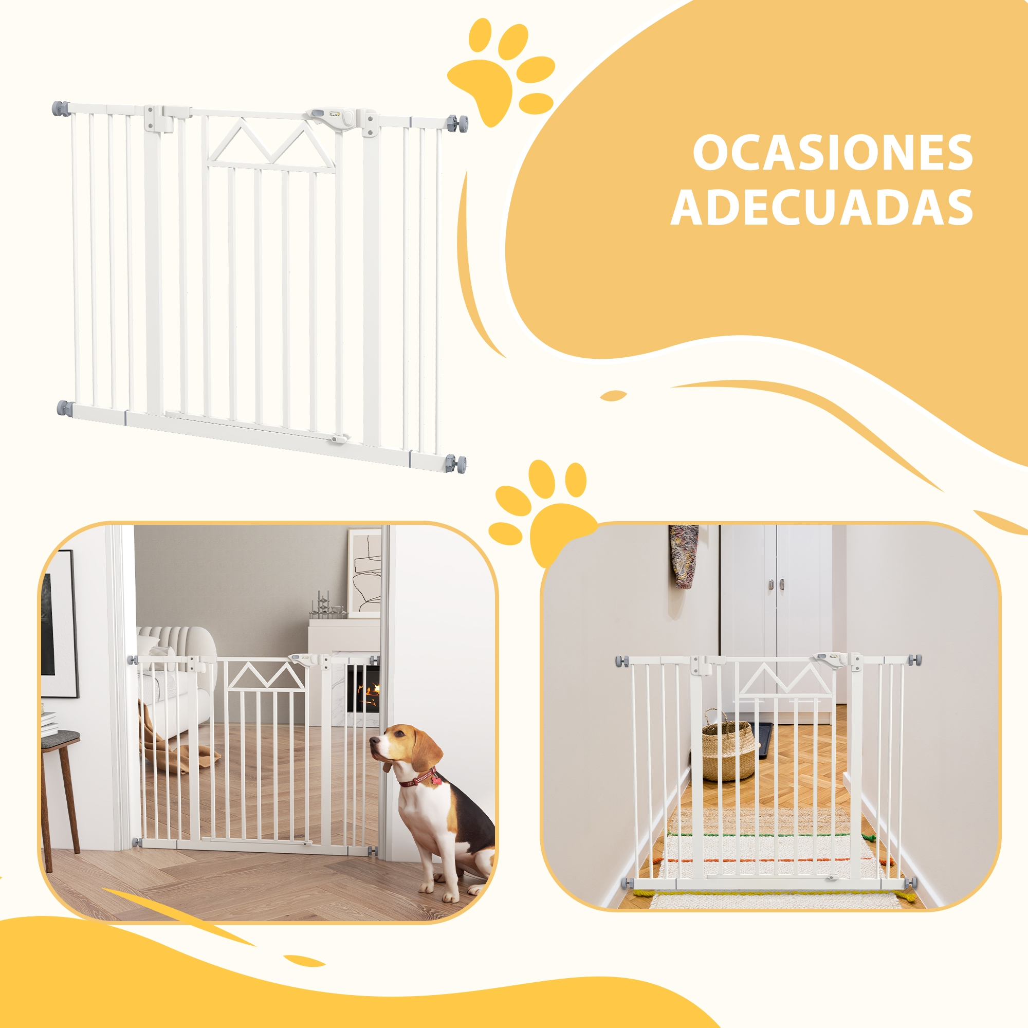 Una puerta blanca para mascotas en un pasillo con un perro delante.