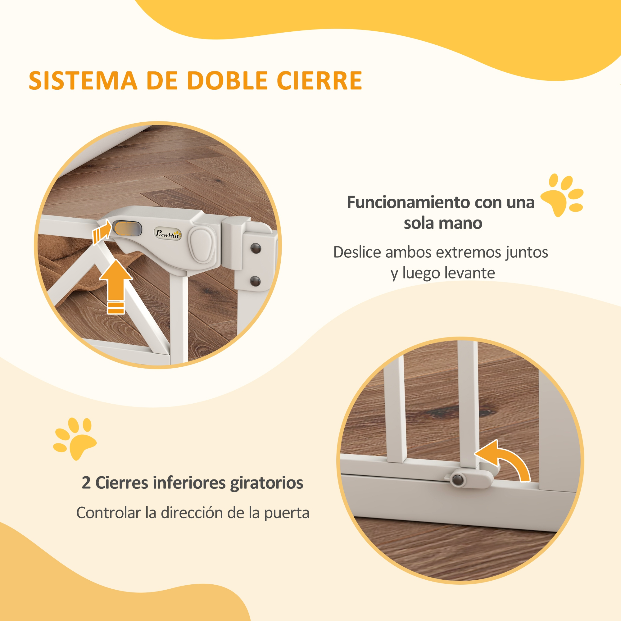 La imagen muestra una puerta de seguridad blanca con un sistema de doble cierre.