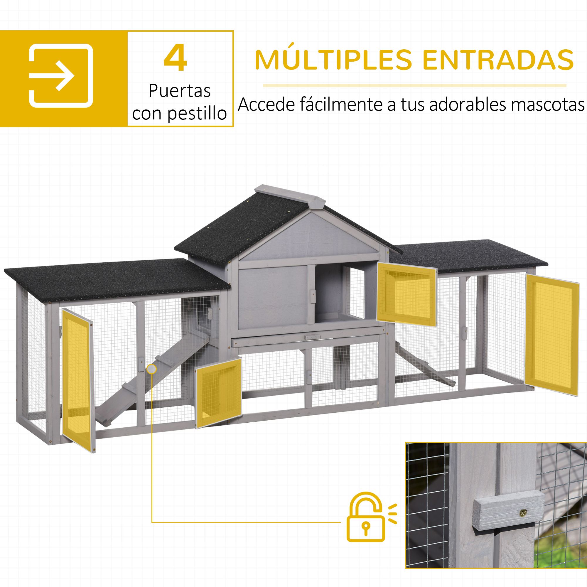 Un gallinero gris con múltiples entradas y puertas amarillas.