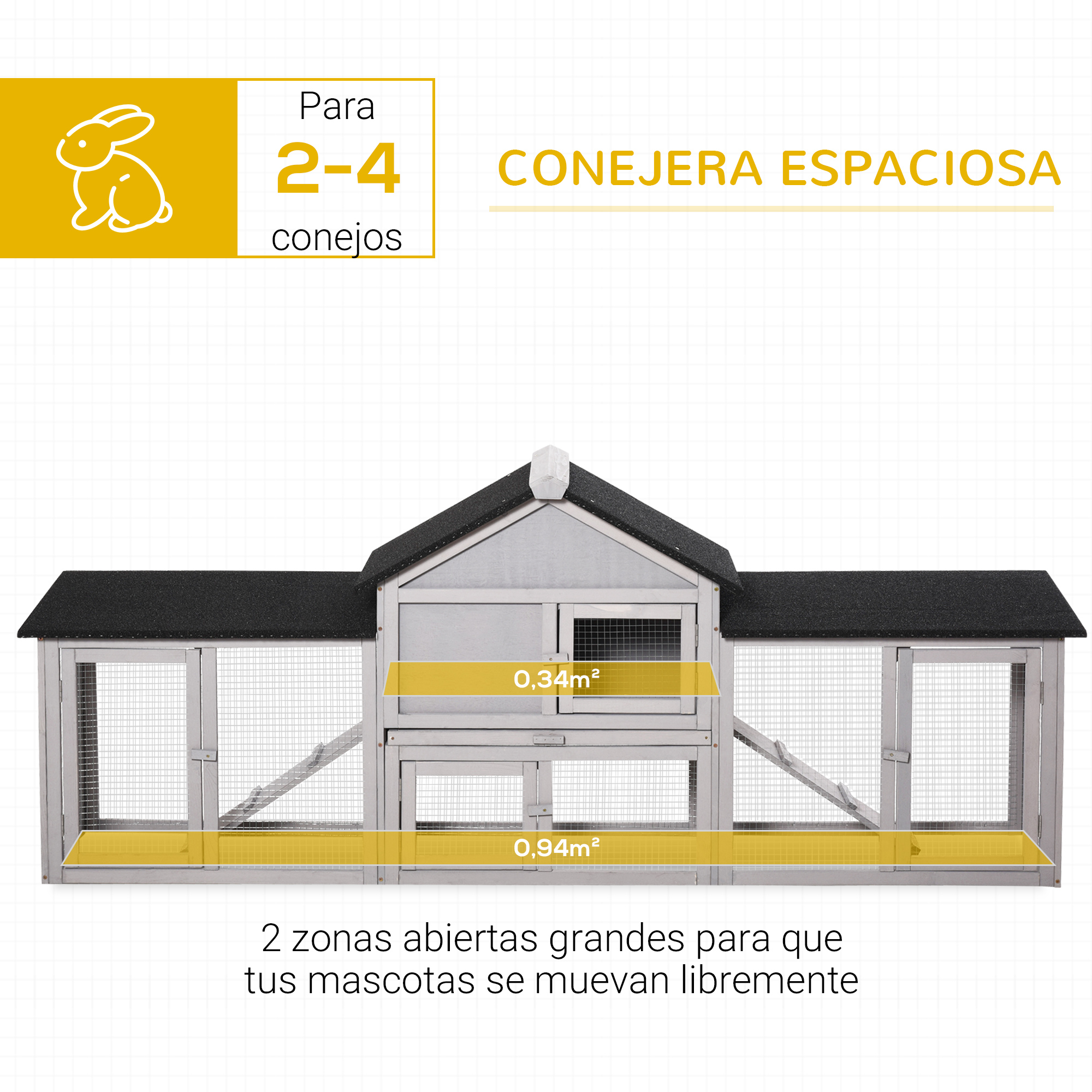 Conejera espaciosa para 2-4 conejos con 2 zonas abiertas.