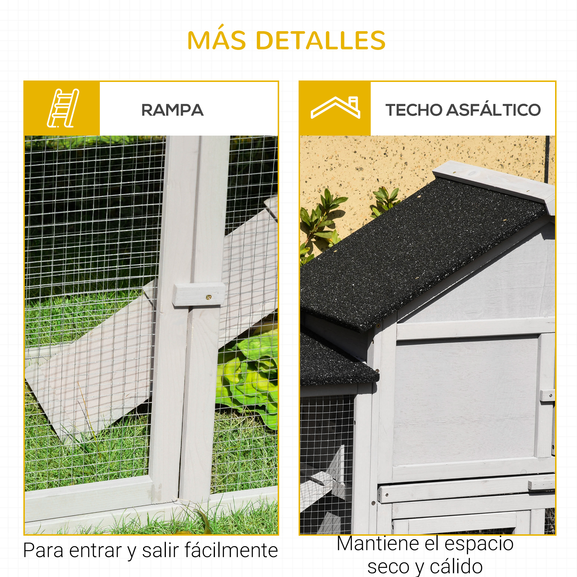 Una caseta de madera con rampa y techo asfáltico. Vegetación al fondo.