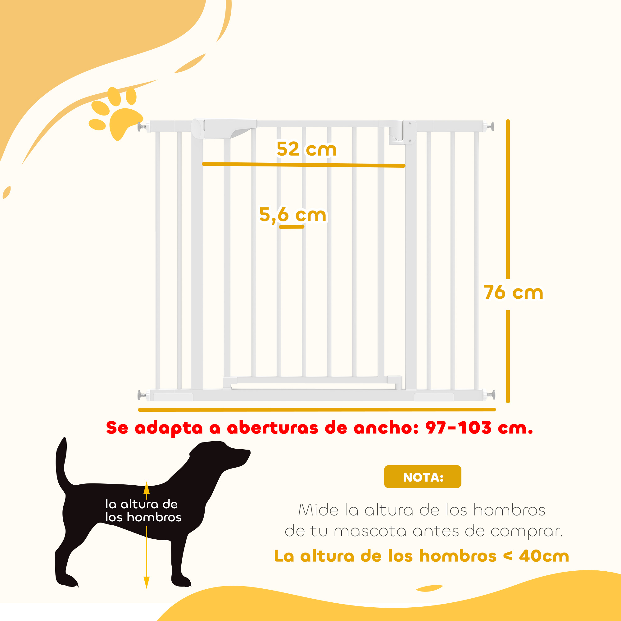 Una puerta blanca para mascotas con dimensiones y silueta de perro.