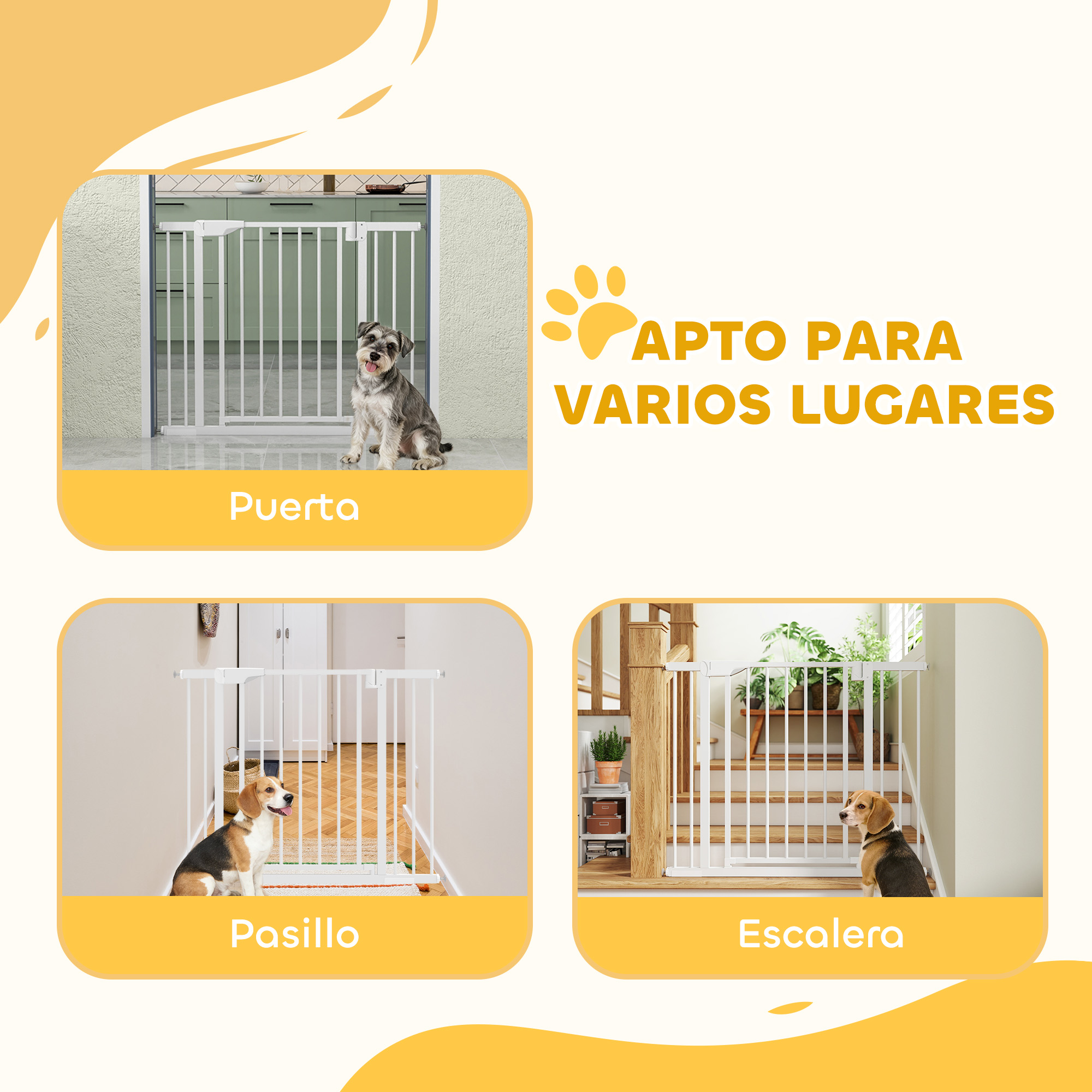 Un perro se sienta ante una barrera de escaleras. Otro perro se sienta ante una barrera de puerta.