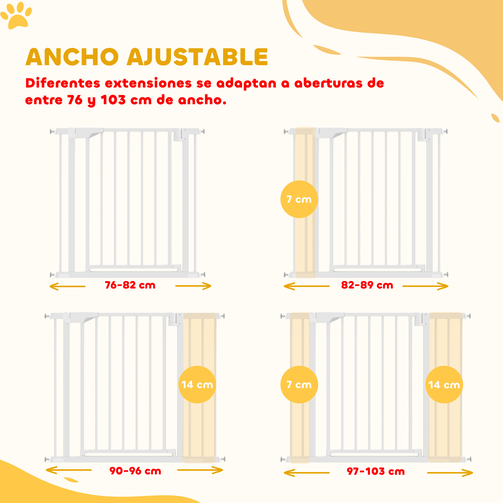 Barrera ajustable en cuatro anchos: 76-82 cm, 82-89 cm, 90-96 cm, 97-103 cm.