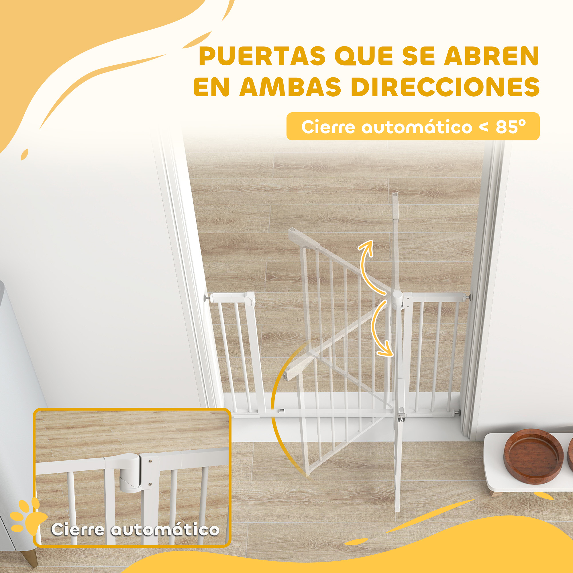 Una barrera de seguridad blanca y plegable con cierre automático se abre en ambas direcciones.