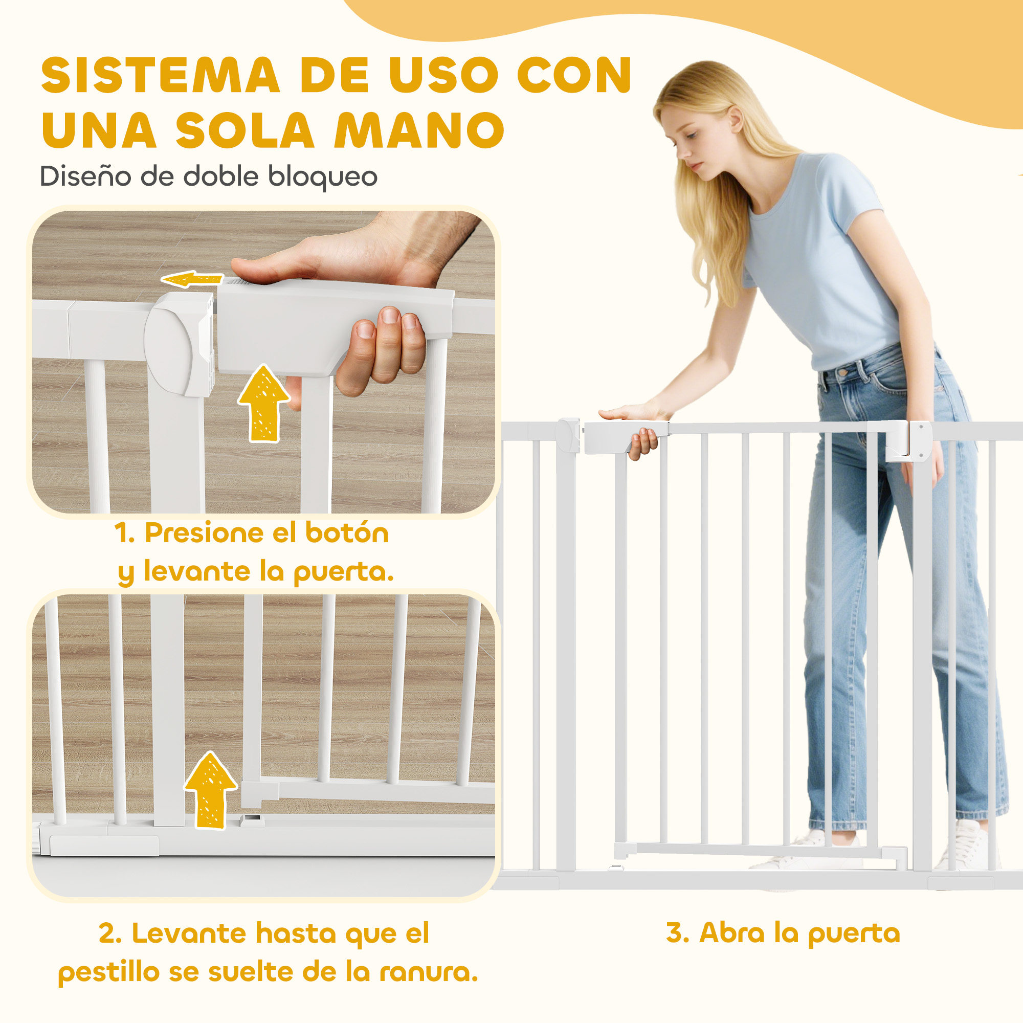 Una mujer abre una puerta de seguridad blanca presionando un botón.