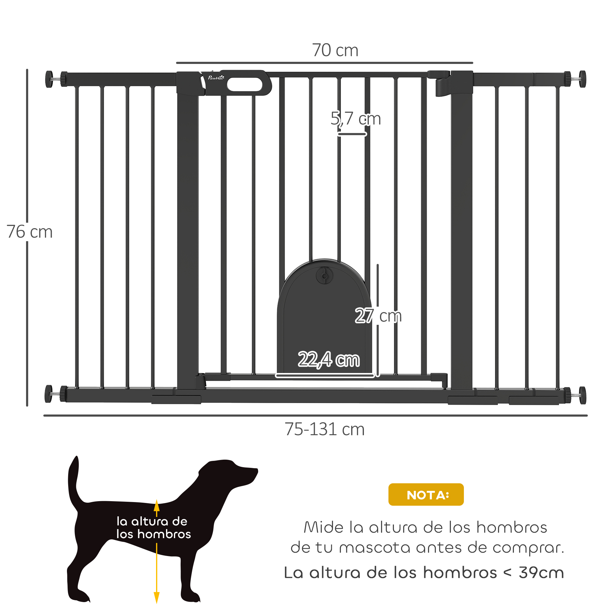 Una puerta para mascotas negra con medidas y silueta de perro.